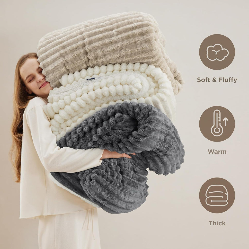 Beige Sherpa Fleece Blanket 50×60", Warm Fluffy Throw for Home Decor & Gift