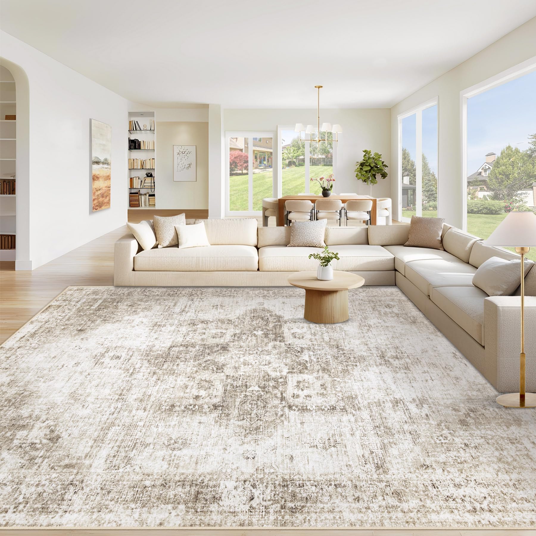 Beige 8x10ft Washable Boho Rug, Non-Slip Low Pile Carpet for Home & Office