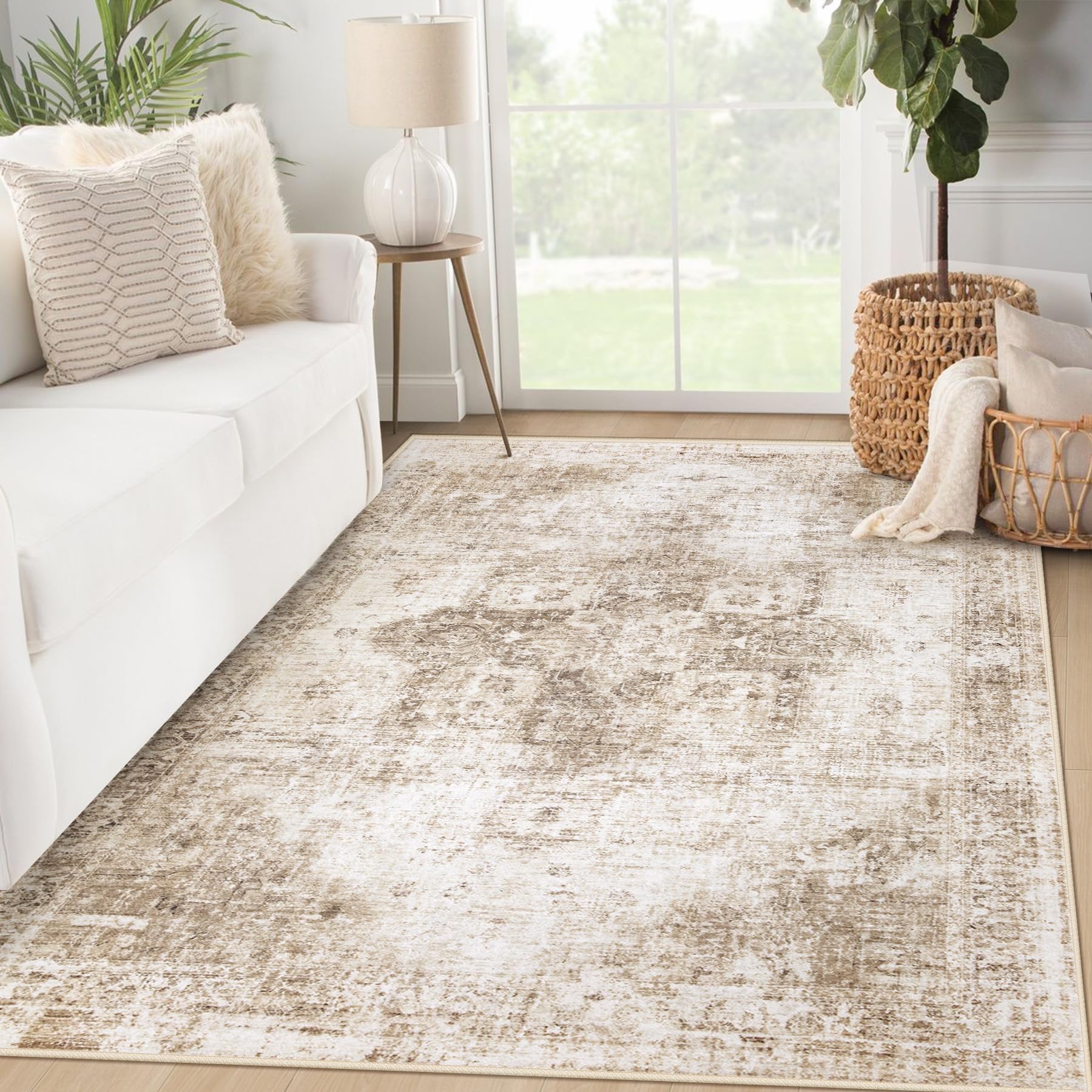 Beige 8x10ft Washable Boho Rug, Non-Slip Low Pile Carpet for Home & Office