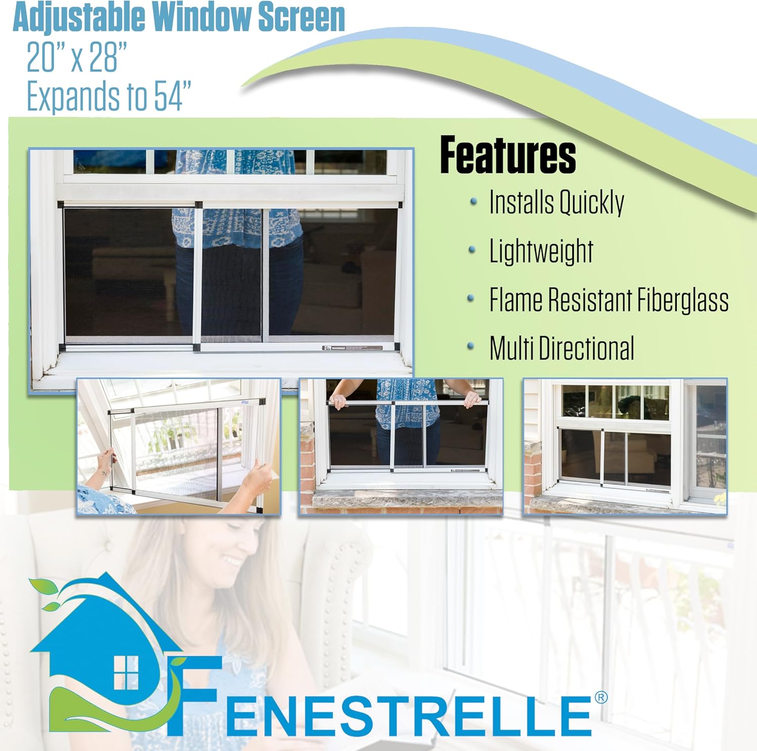 Fenestrelle Expandable Window Screen – 20″ H × 28″–54″ W Horizontal, 2‑Way Adjustable Window Screen with Flame Resistant Fiberglass Mesh, Pack of 2