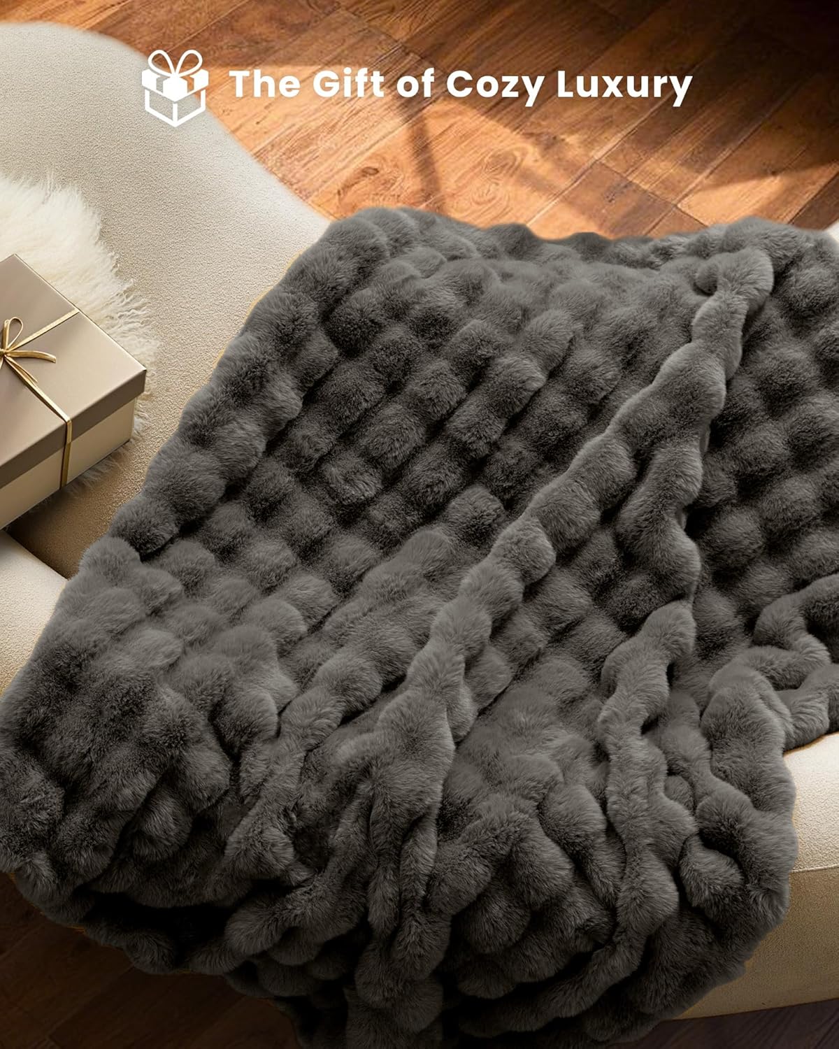 Ultra Soft Cozy Faux Fur Throw Blanket-Fuzzy Plush Thick Bubble Blanket, Fluffy Blanket for Couch, Sofa, Bedroom, and Living Room, 50x60 Inches, Dark Grey Taupe