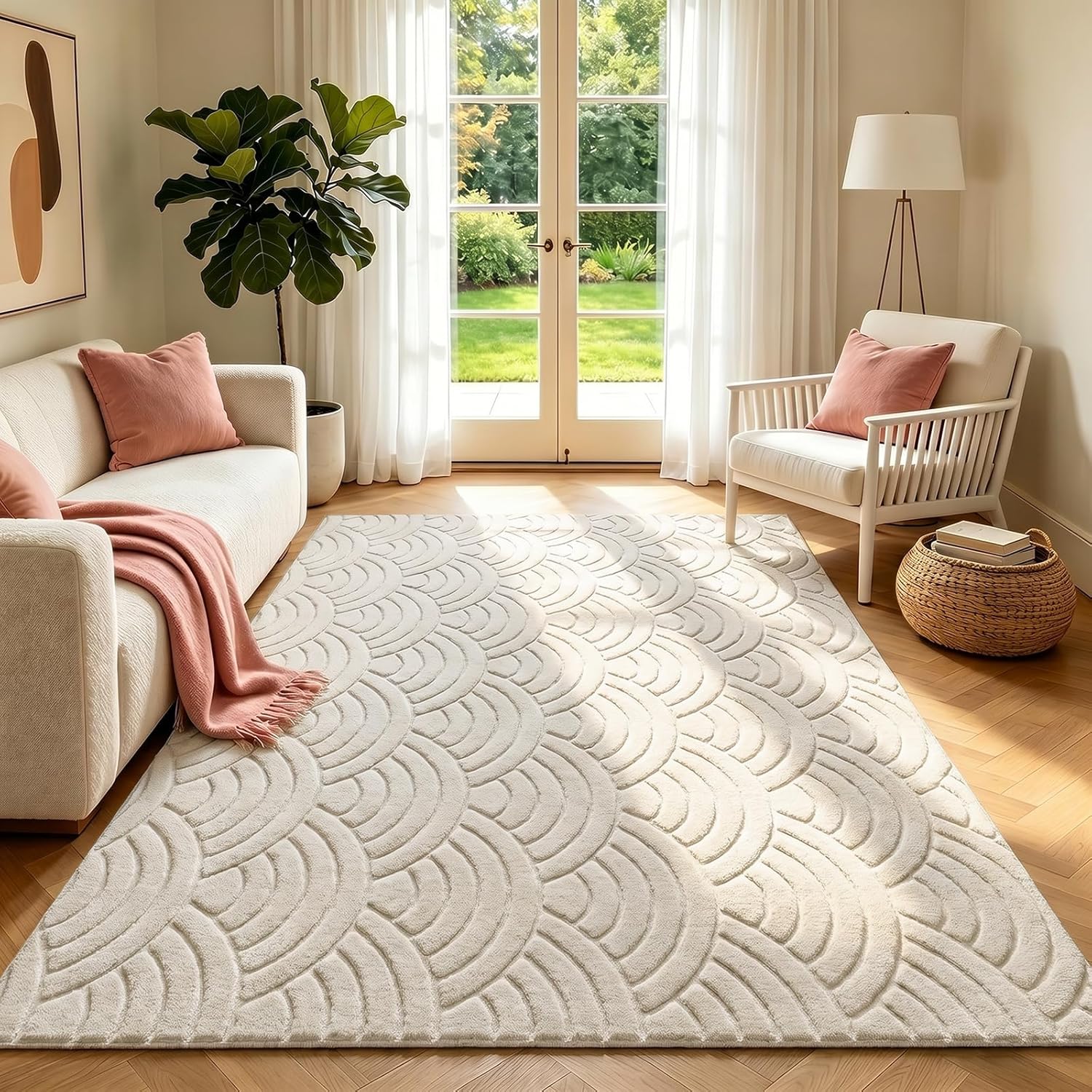 SHACOS Soft Cozy Fluffy Arch Waves Pattern High-Low Textured Area Rug 5'x7' Non Slip Washable Minimalist Modern Graphic Rainbow Carpet for Living Room Bedroom Bathroom Dining Room, Cream