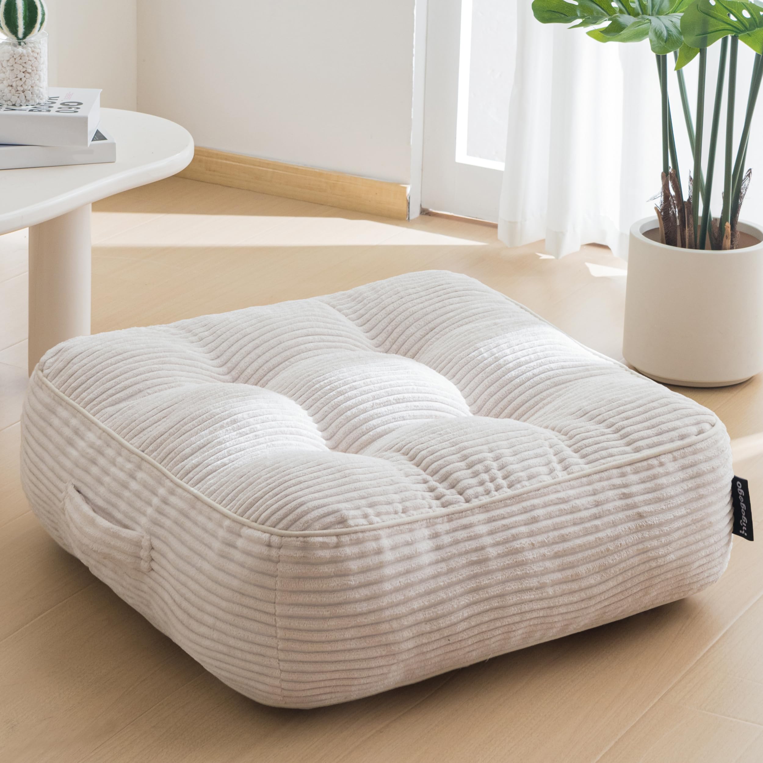 HIGOGOGO Floor Pillow Cushion for Adults, Meditation Cushion Pillow, Large Round Floor Sitting, Tufted Corduroy Cover, for Tatami Living Room or Yoga, 22x22 Inch, Beige
