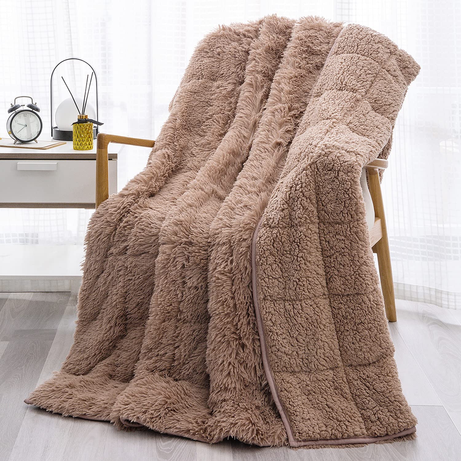 Wemore Shaggy Long Fur Faux Fur Weighted Blanket, Cozy and Fluffy Plush Sherpa Long Hair Blanket for Adult 15lbs, Fluffy Fuzzy Sherpa Reverse Heavy Blankets for Bed, Couch, Cream White, 60 x 80 Inches