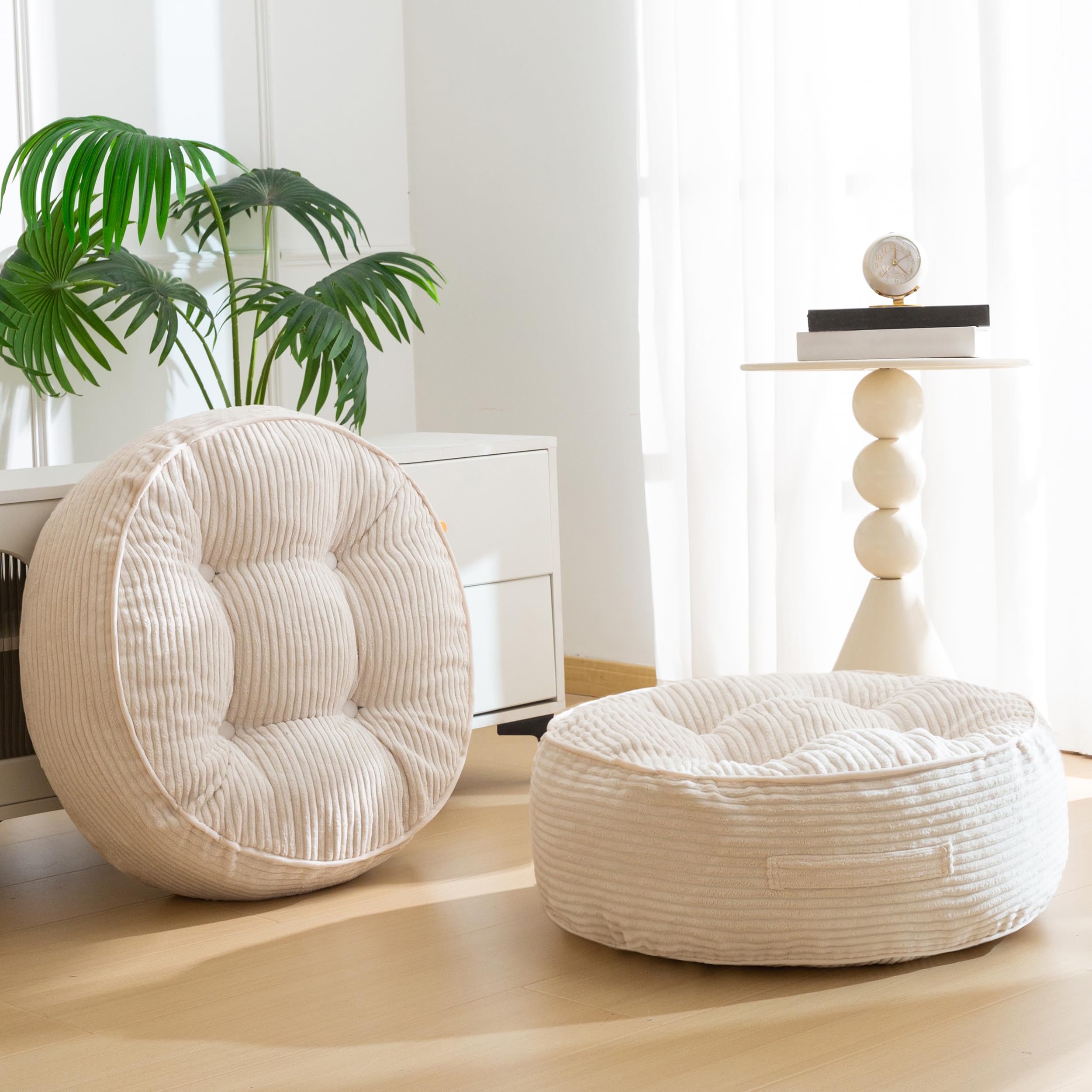 HIGOGOGO Floor Pillow Cushion for Adults, Meditation Cushion Pillow, Large Round Floor Sitting, Tufted Corduroy Cover, for Tatami Living Room or Yoga, 22x22 Inch, Beige