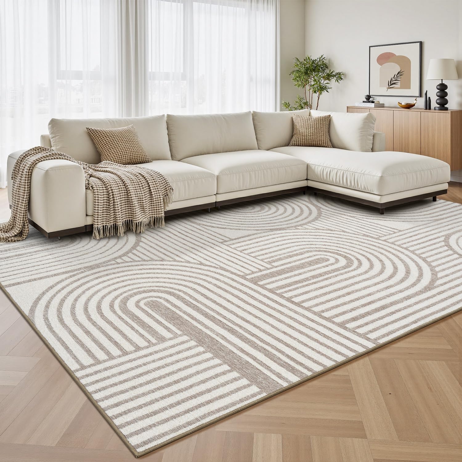 Beige Neutral 5x7 Area Rugs Textured Tufted Rugs for Living Room Bedroom Rug-Carpet Cream Ivory Washable Geometric Moroccan Modern Rug