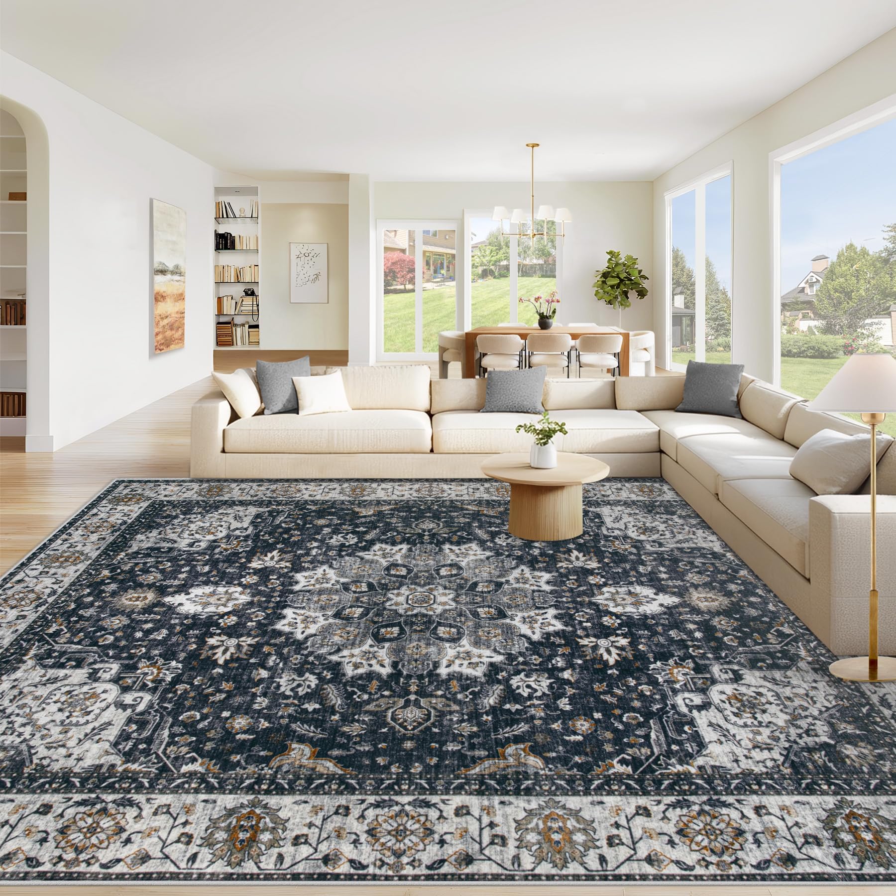Beige 8x10ft Washable Boho Rug, Non-Slip Low Pile Carpet for Home & Office
