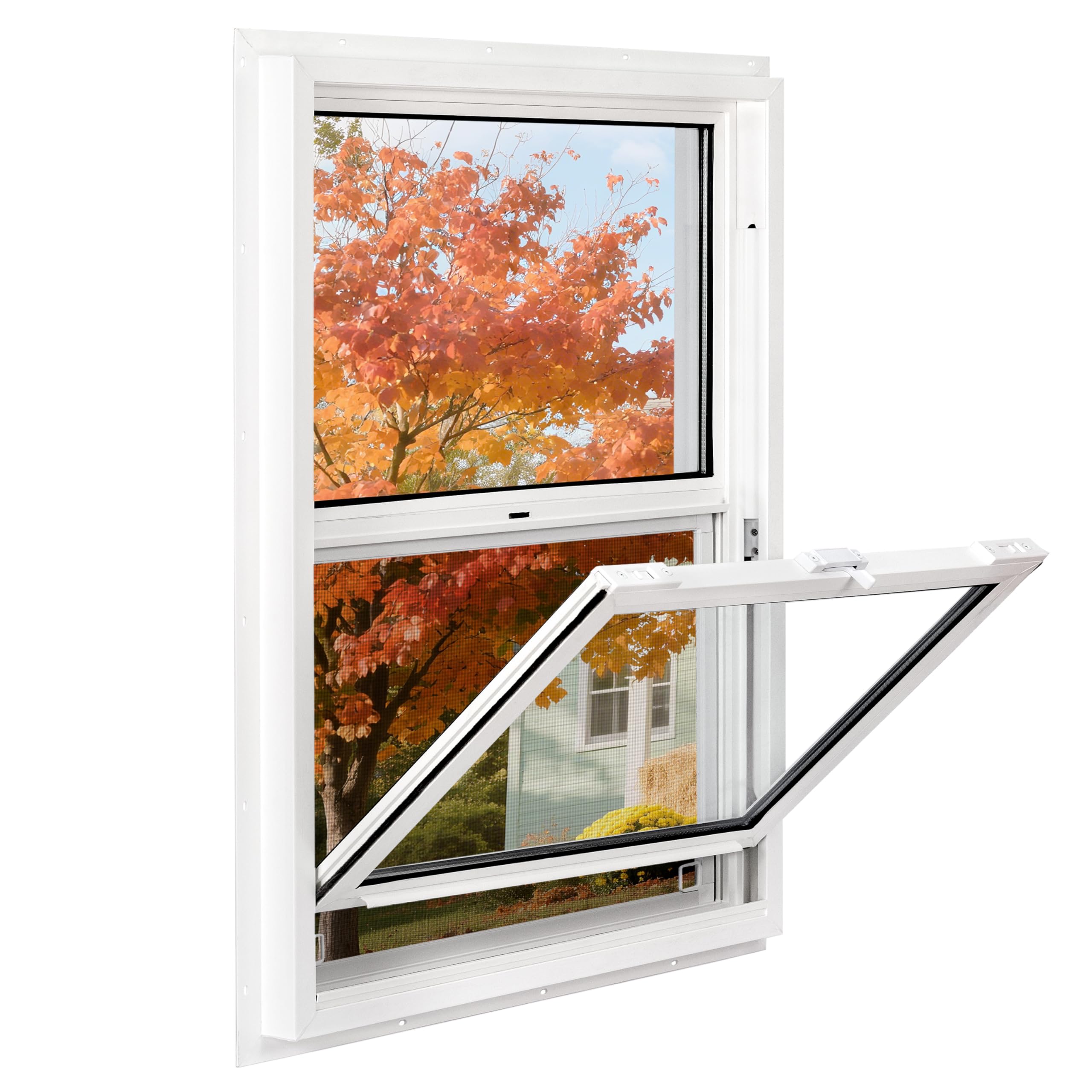 Vinyl Single Hung Sliding Window, 24" x 38" Household Window with Double-Pane Insulated Tempered Glass, White Energy-Efficient Soundproof Window for House, Mobile Home