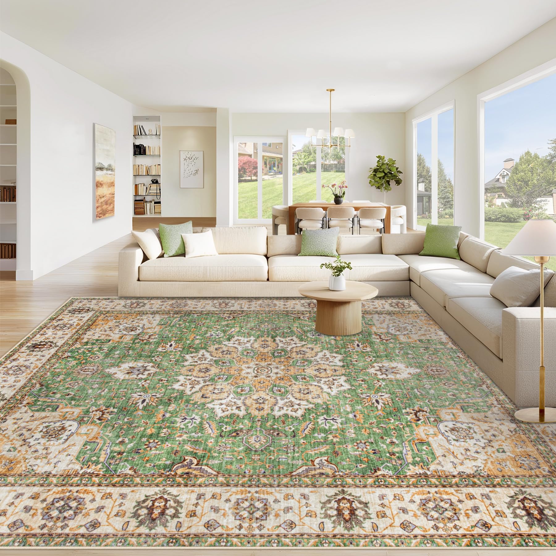 Beige 8x10ft Washable Boho Rug, Non-Slip Low Pile Carpet for Home & Office