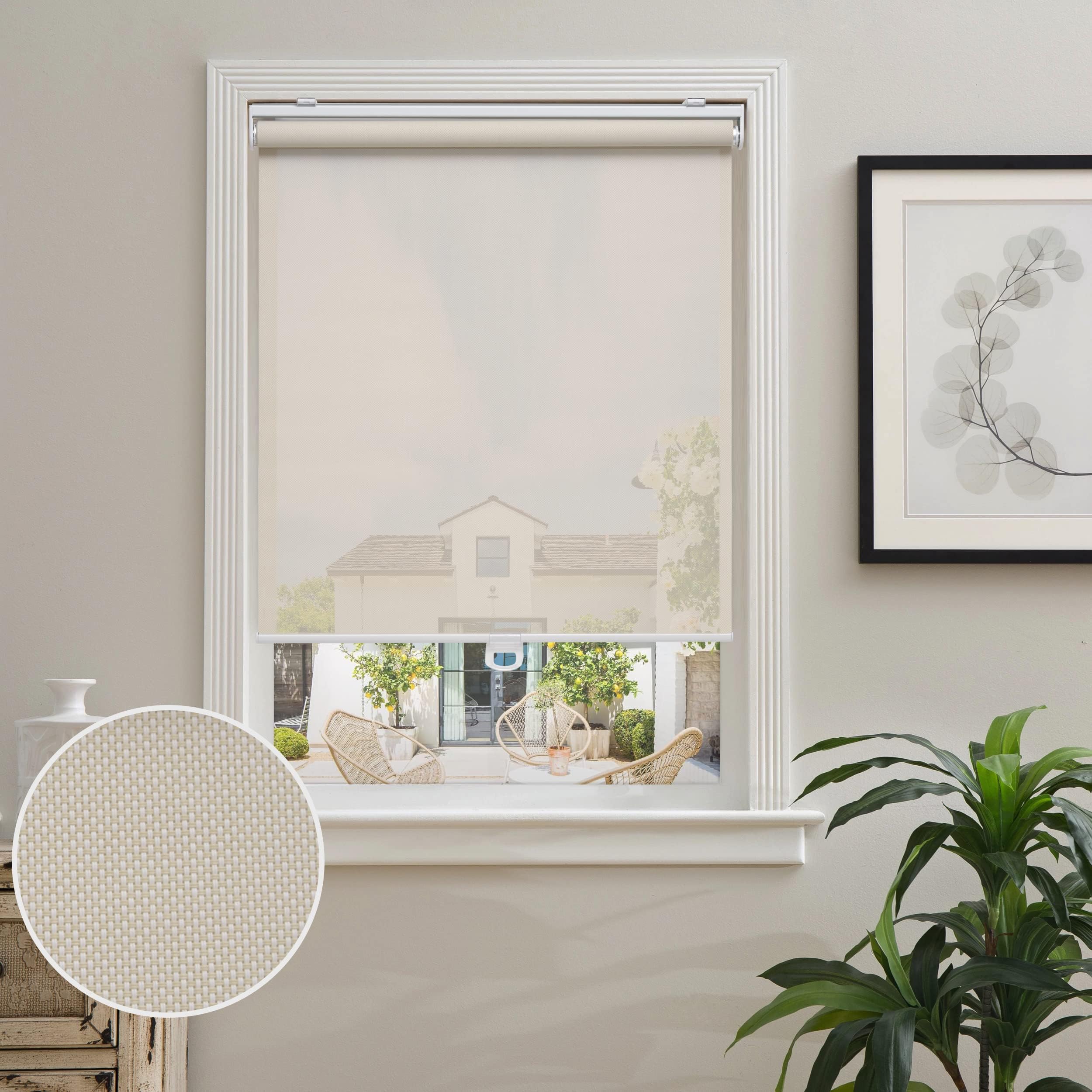 White Solar Roller Blinds 46"×72", Cordless Light Filtering Shades for Home & Office