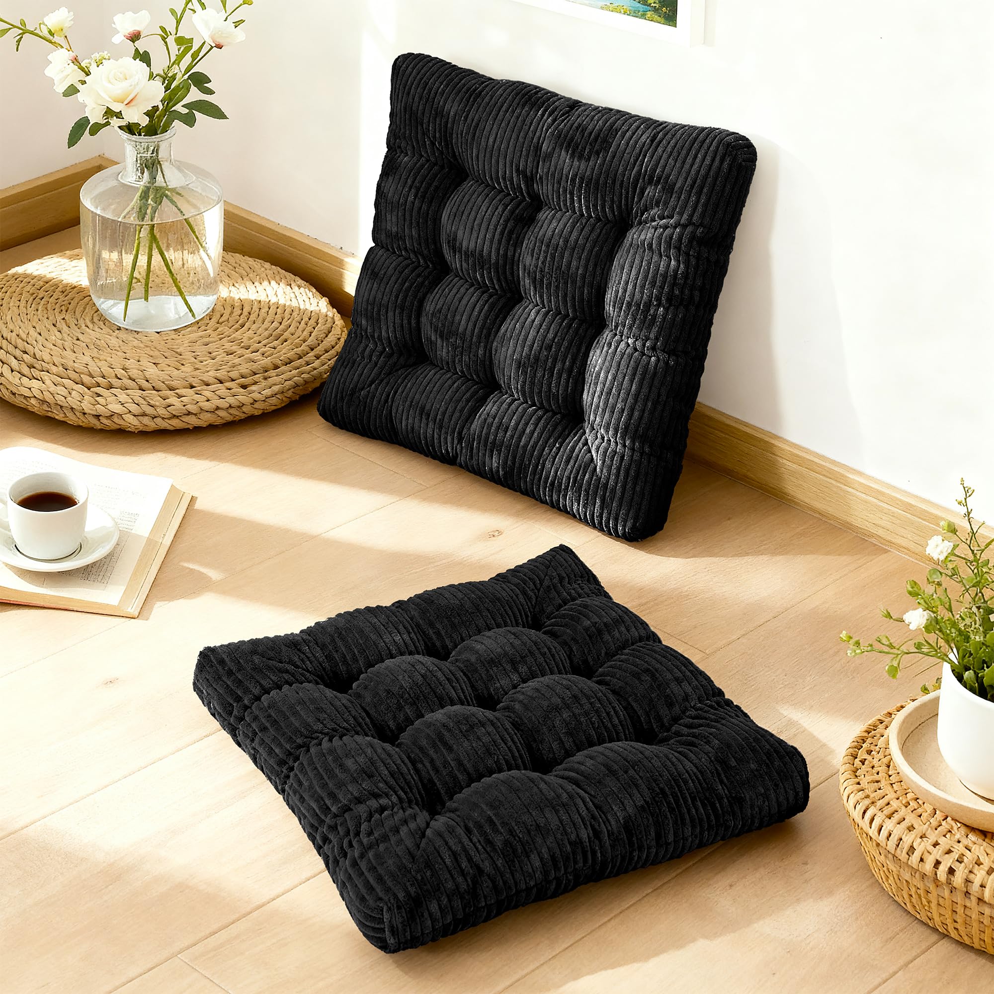Large Floor Pillow for Adults, 22x22" Memory Foam Floor Cushion with Corduroy Cover, Round Floor Sitting Cushions for Meditation, Lounge,Seating for Yoga, Tatami Living Room (2, Round-Black)