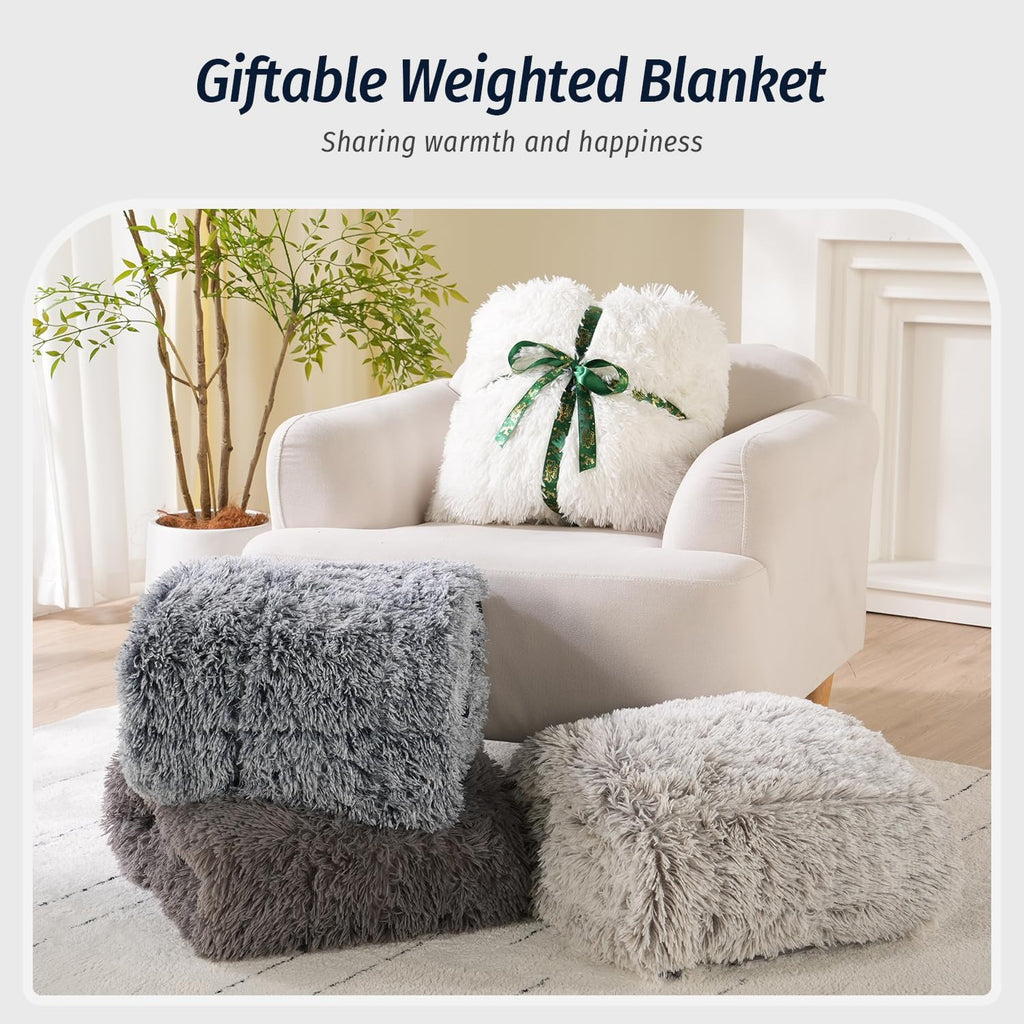 Wemore Shaggy Long Fur Faux Fur Weighted Blanket, Cozy and Fluffy Plush Sherpa Long Hair Blanket for Adult 15lbs, Fluffy Fuzzy Sherpa Reverse Heavy Blankets for Bed, Couch, Cream White, 60 x 80 Inches
