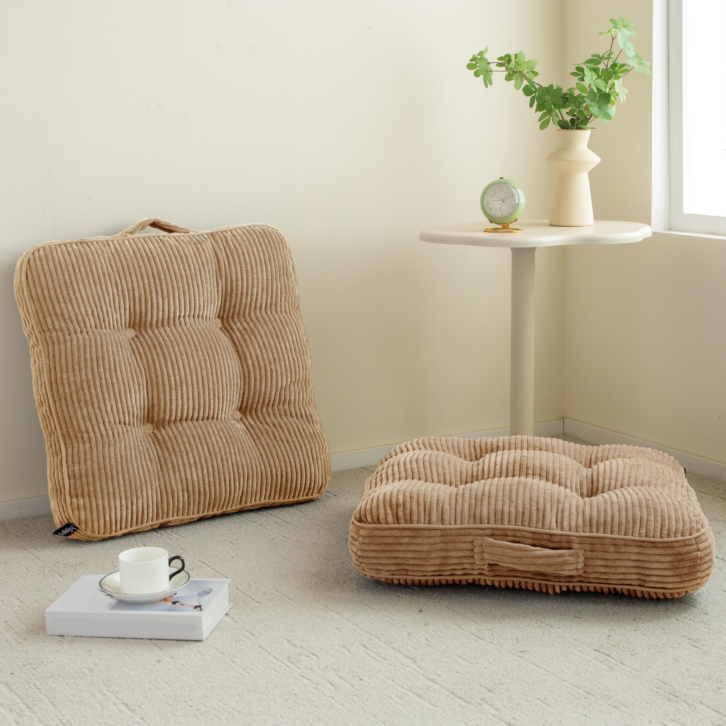 HIGOGOGO Floor Pillow Cushion for Adults, Meditation Cushion Pillow, Large Round Floor Sitting, Tufted Corduroy Cover, for Tatami Living Room or Yoga, 22x22 Inch, Beige
