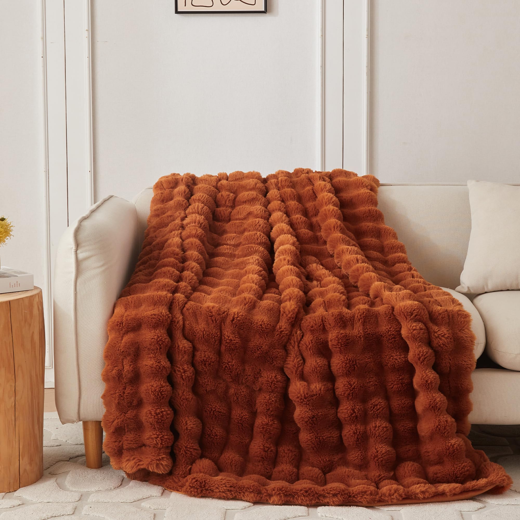 COOVA Faux Fur Throw Blanket for Couch, Cozy Soft and Fuzzy Plush Rabbit Fur Bubble Blanket for Sofa Bedroom Living Room, 60x80 Inches Tie Dye Brown