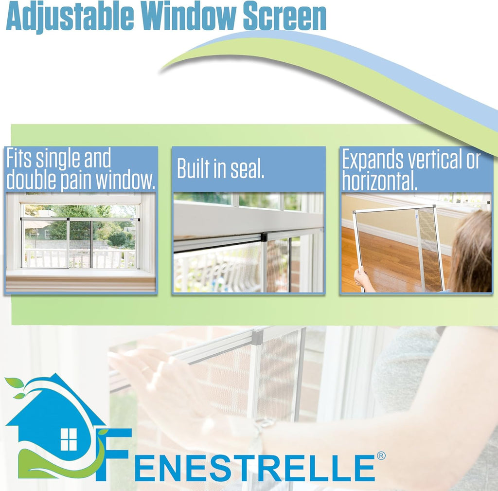 Fenestrelle Expandable Window Screen – 20″ H × 28″–54″ W Horizontal, 2‑Way Adjustable Window Screen with Flame Resistant Fiberglass Mesh, Pack of 2