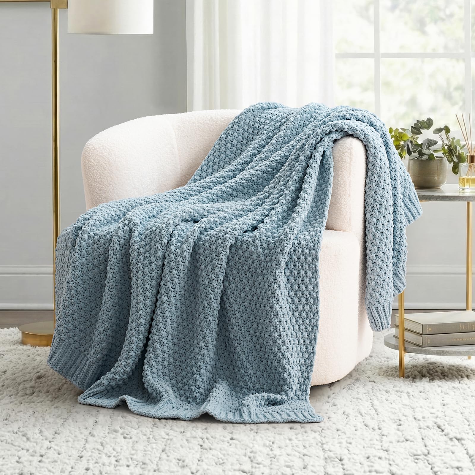EVERGRACEHOME Modern Checkered Chenille Throw Blanket, Soft Cozy Plaid Knitted Chair Blanket for Sofa Couch, Decorative Knit Throw for Bed and Living Room, Sand Dune, 50" x 60"