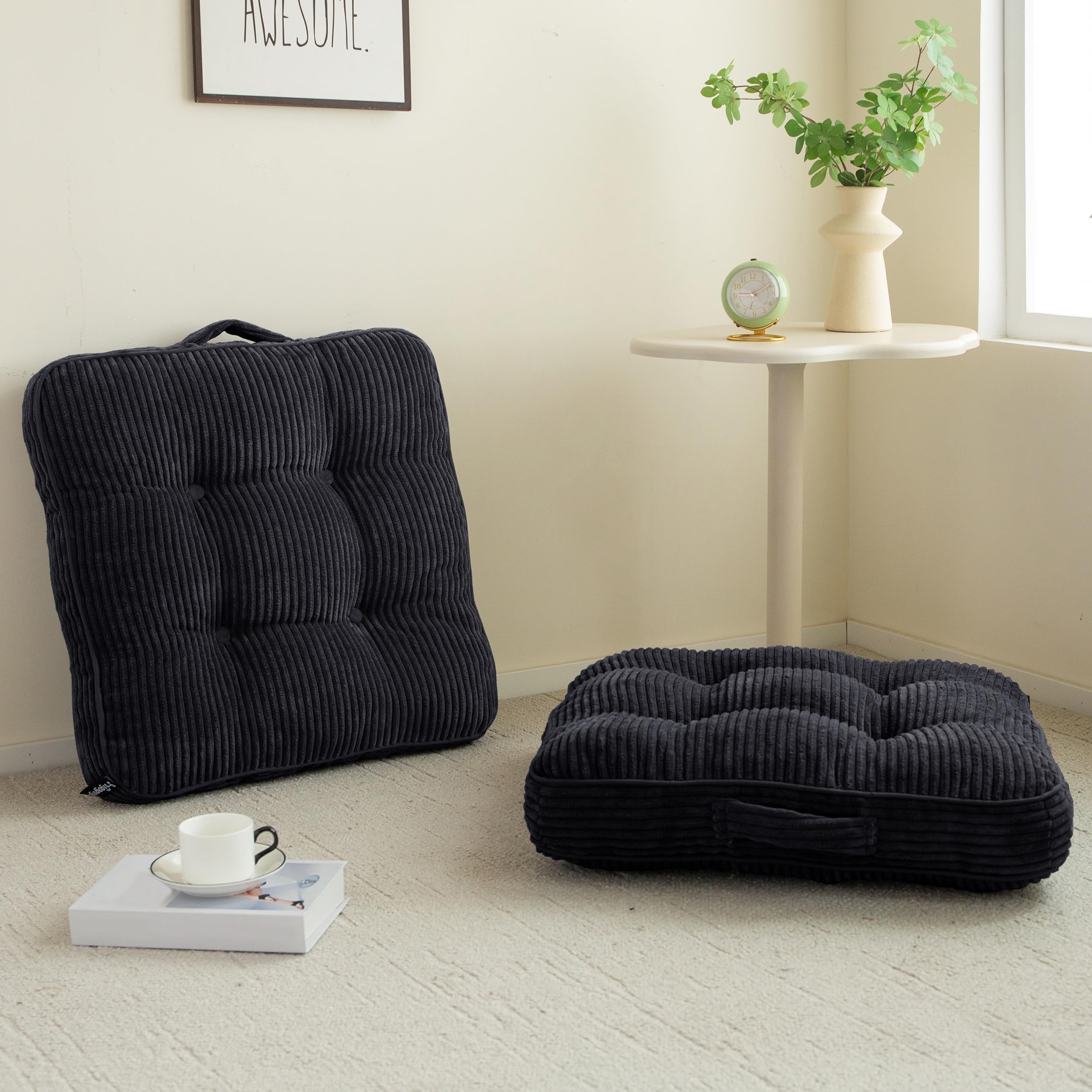HIGOGOGO Floor Pillow Cushion for Adults, Meditation Cushion Pillow, Large Round Floor Sitting, Tufted Corduroy Cover, for Tatami Living Room or Yoga, 22x22 Inch, Beige