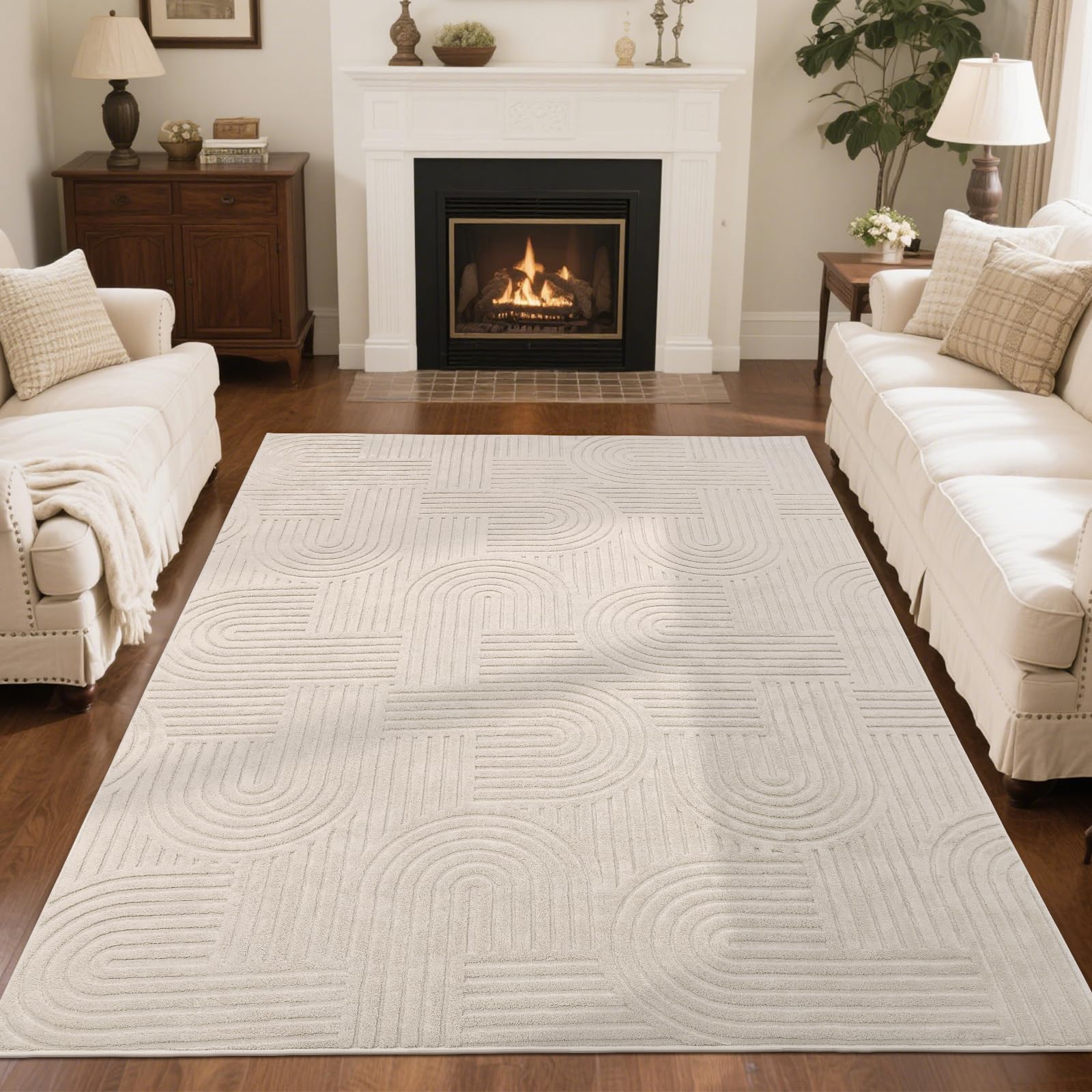 SHACOS Soft Cozy Fluffy Arch Pattern High-Low Pile Textured Area Rug 5'3"x7'3" Non Slip Washable Modern Geometric Rug Stain Resistant Contemporary Carpet for Living Room Bedroom Dining Room, Beige