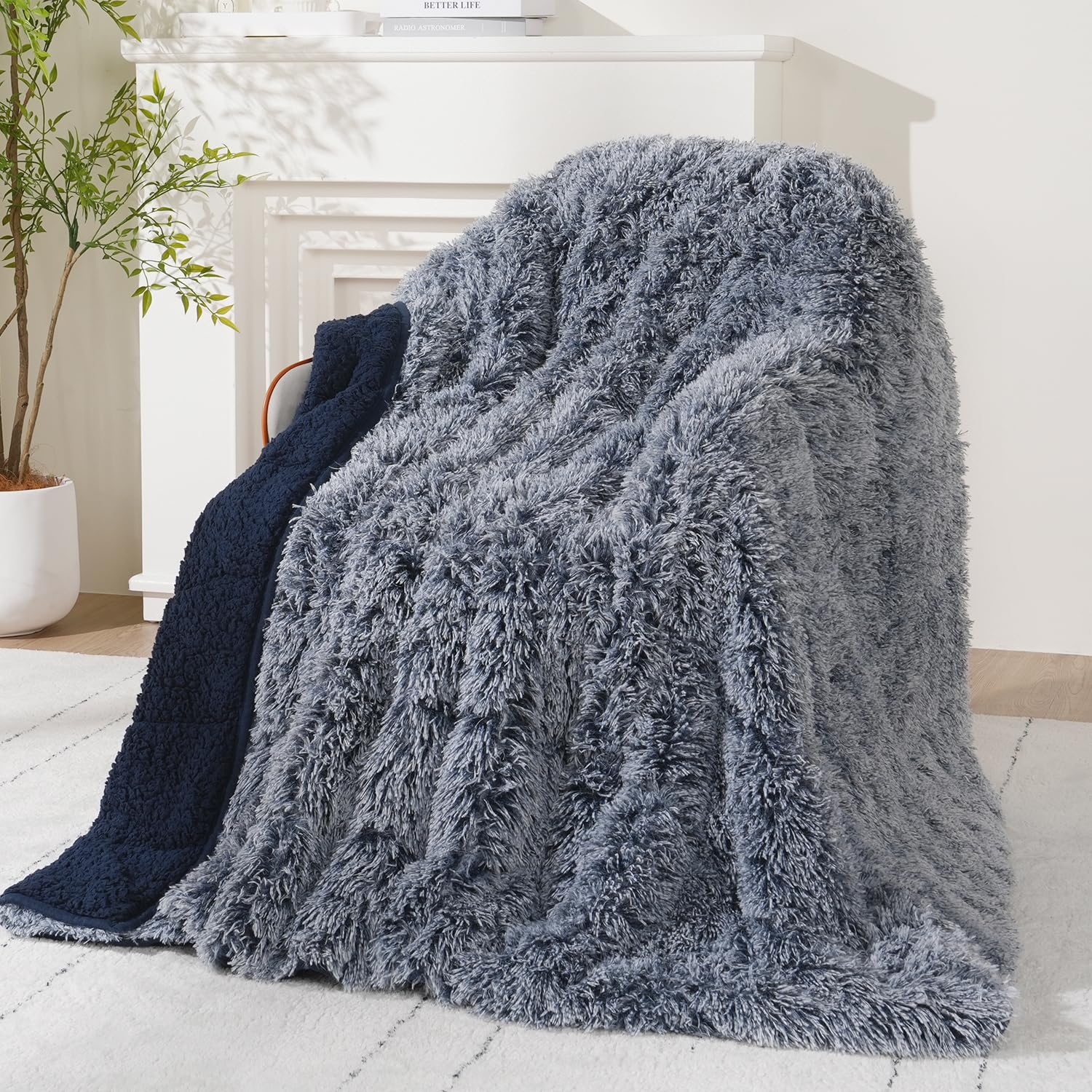 Wemore Shaggy Long Fur Faux Fur Weighted Blanket, Cozy and Fluffy Plush Sherpa Long Hair Blanket for Adult 15lbs, Fluffy Fuzzy Sherpa Reverse Heavy Blankets for Bed, Couch, Cream White, 60 x 80 Inches