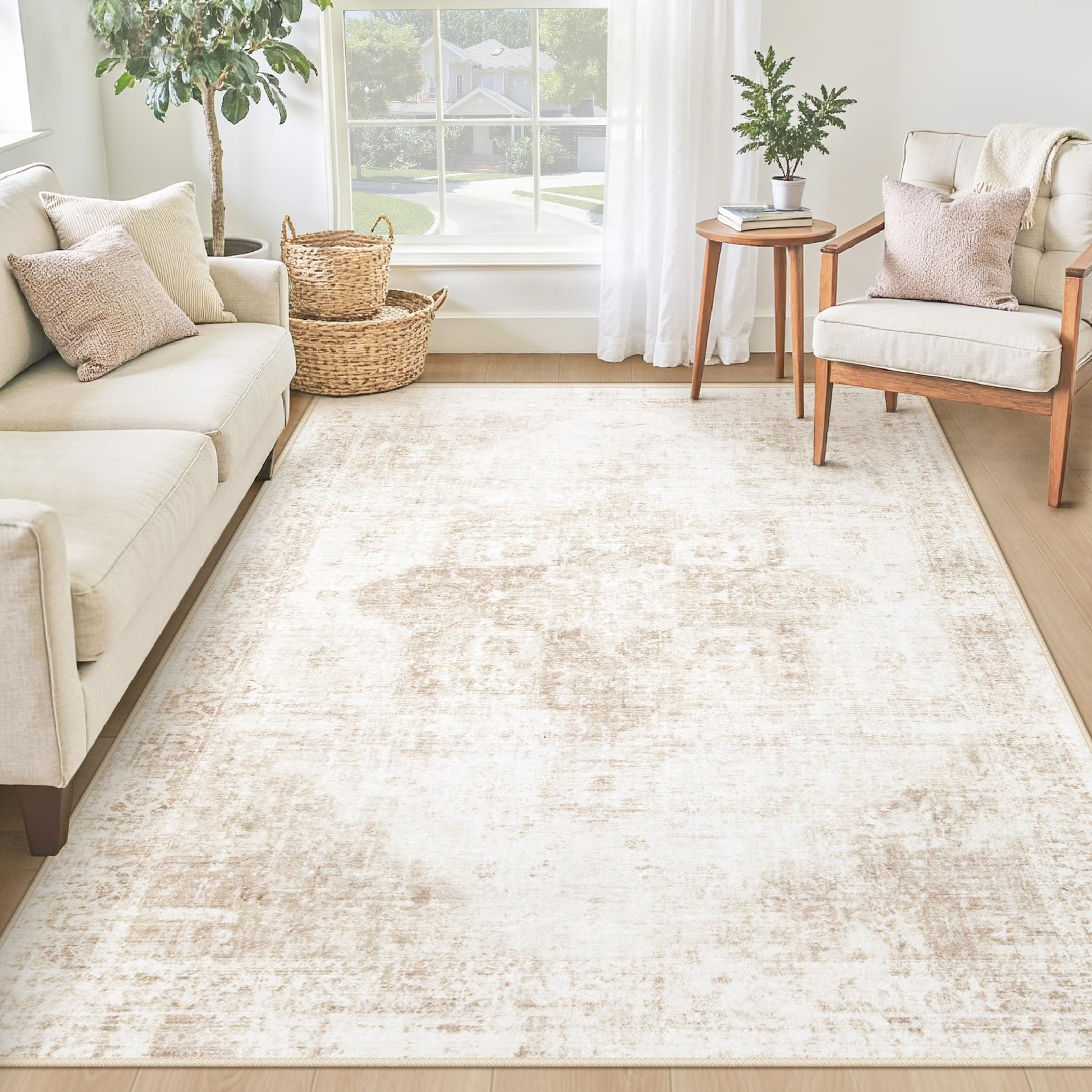 Beige 8x10ft Washable Boho Rug, Non-Slip Low Pile Carpet for Home & Office