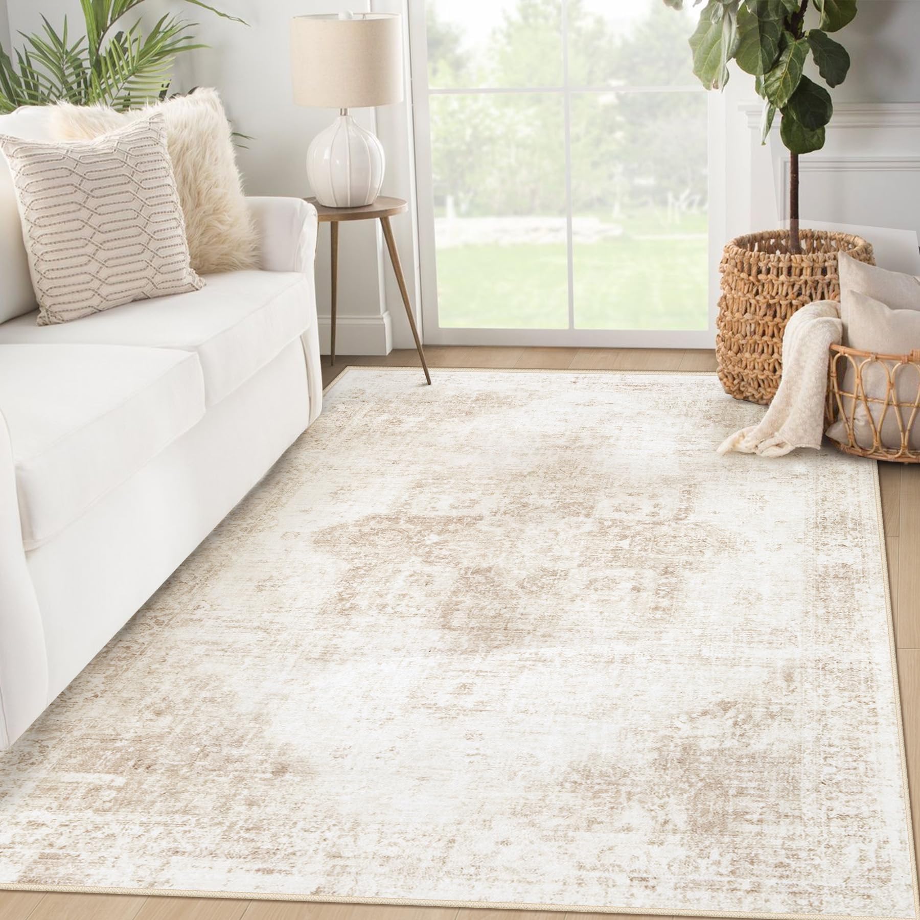 Beige 8x10ft Washable Boho Rug, Non-Slip Low Pile Carpet for Home & Office