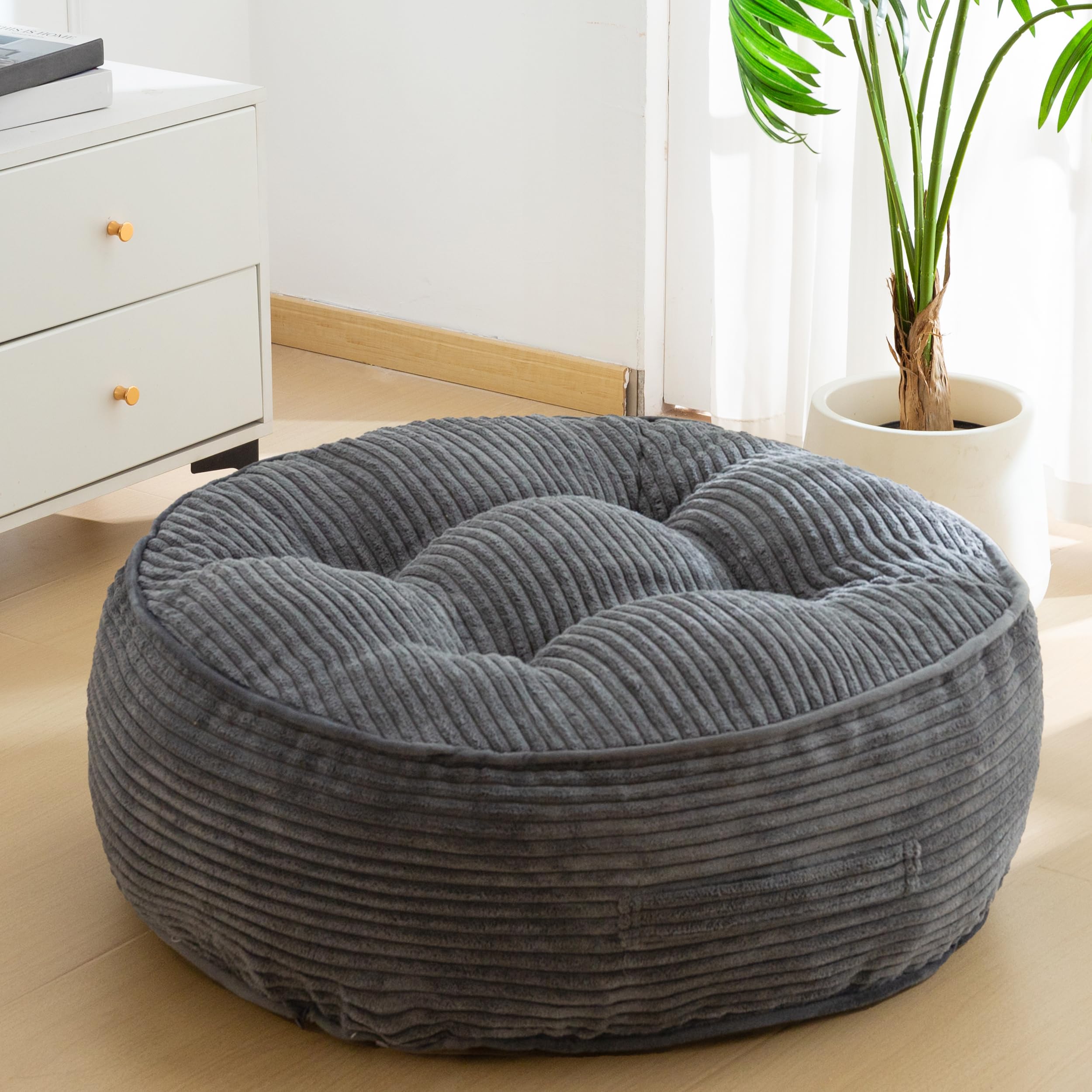 HIGOGOGO Floor Pillow Cushion for Adults, Meditation Cushion Pillow, Large Round Floor Sitting, Tufted Corduroy Cover, for Tatami Living Room or Yoga, 22x22 Inch, Beige