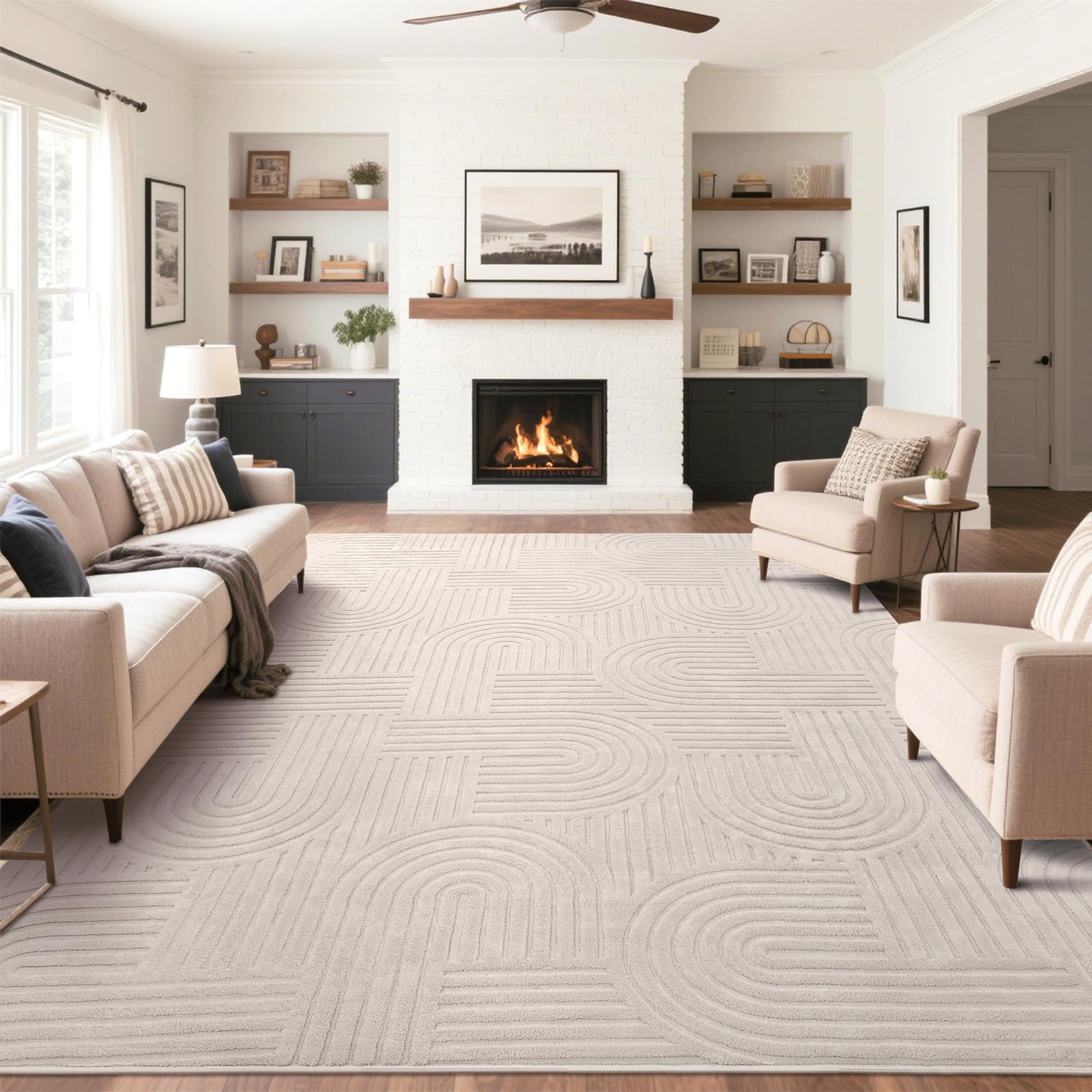 SHACOS Soft Cozy Fluffy Arch Pattern High-Low Pile Textured Area Rug 5'3"x7'3" Non Slip Washable Modern Geometric Rug Stain Resistant Contemporary Carpet for Living Room Bedroom Dining Room, Beige