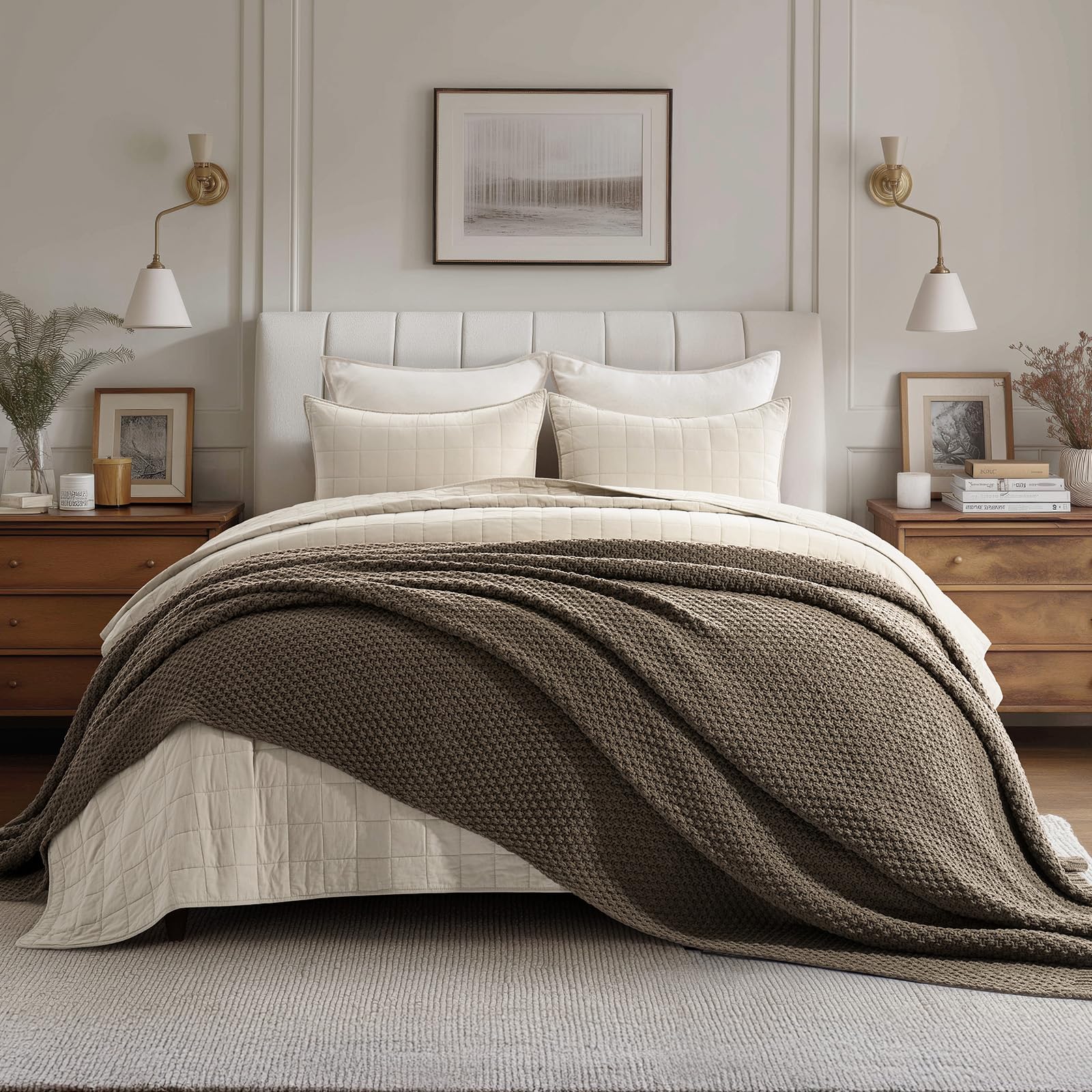 EVERGRACEHOME Modern Checkered Chenille Throw Blanket, Soft Cozy Plaid Knitted Chair Blanket for Sofa Couch, Decorative Knit Throw for Bed and Living Room, Sand Dune, 50" x 60"