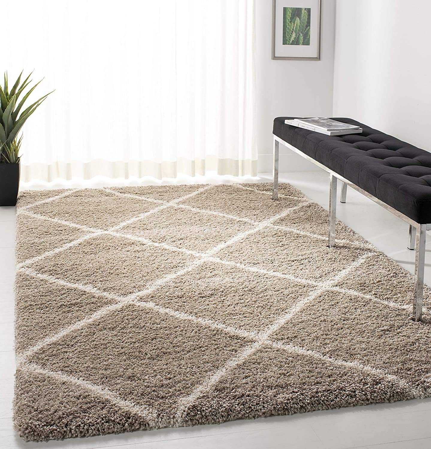 SAFAVIEH Hudson Shag Collection Area Rug - 5'3" x 7'6", Beige & Ivory, Modern Trellis Design, Non-Shedding & Easy Care, 2-inch Thick Ideal for High Traffic Areas in Living Room, Bedroom (SGH281S)