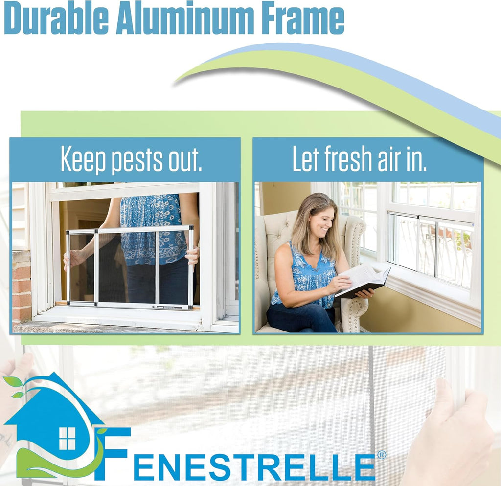 Fenestrelle Expandable Window Screen – 20″ H × 28″–54″ W Horizontal, 2‑Way Adjustable Window Screen with Flame Resistant Fiberglass Mesh, Pack of 2