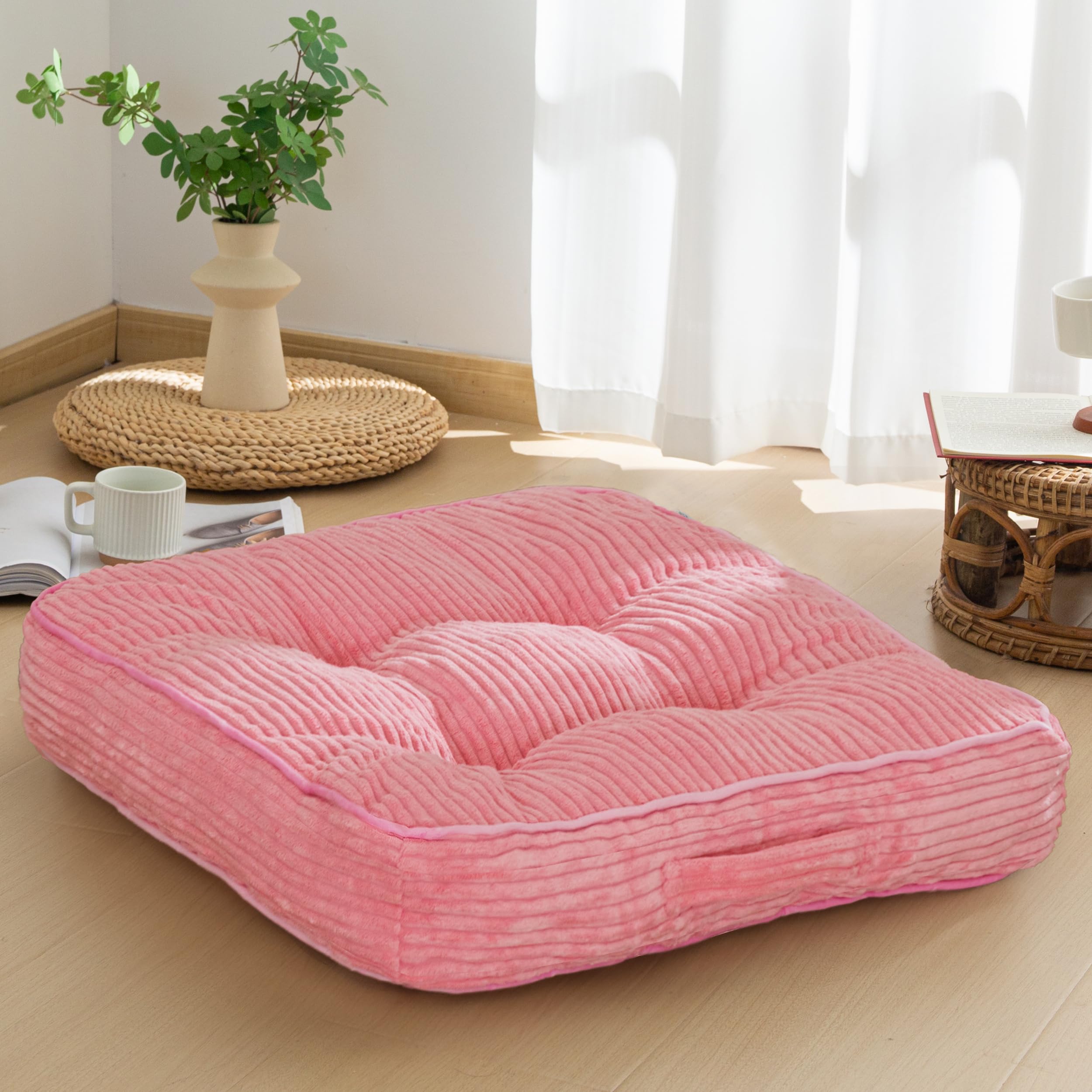 HIGOGOGO Floor Pillow Cushion for Adults, Meditation Cushion Pillow, Large Round Floor Sitting, Tufted Corduroy Cover, for Tatami Living Room or Yoga, 22x22 Inch, Beige