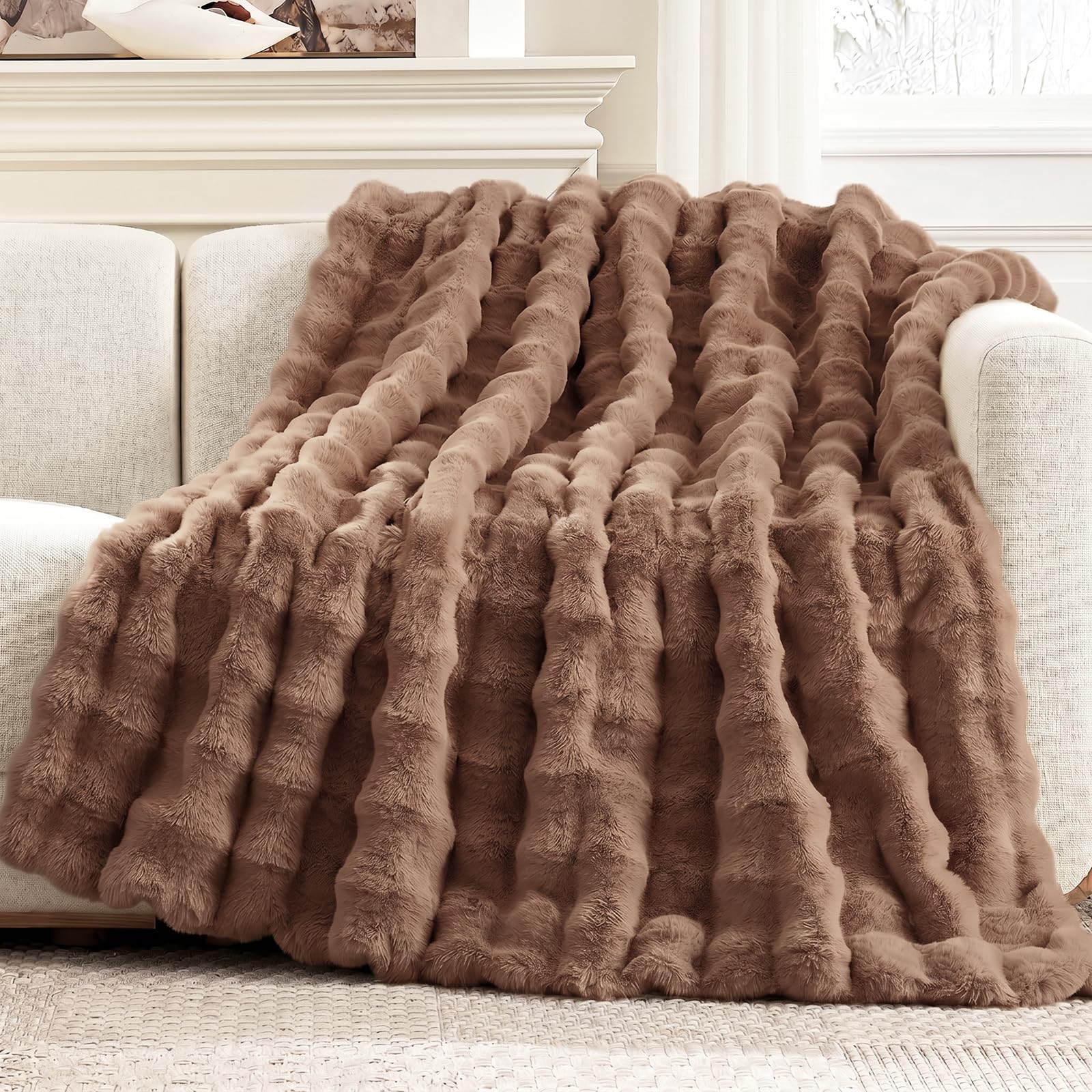 Cozy Bliss Faux Fur Throw Blanket for Couch, Fuzzy Soft Plush Thick Bubble Blanket for Sofa Bedroom Living Room,50 * 60 Inches Light Grey
