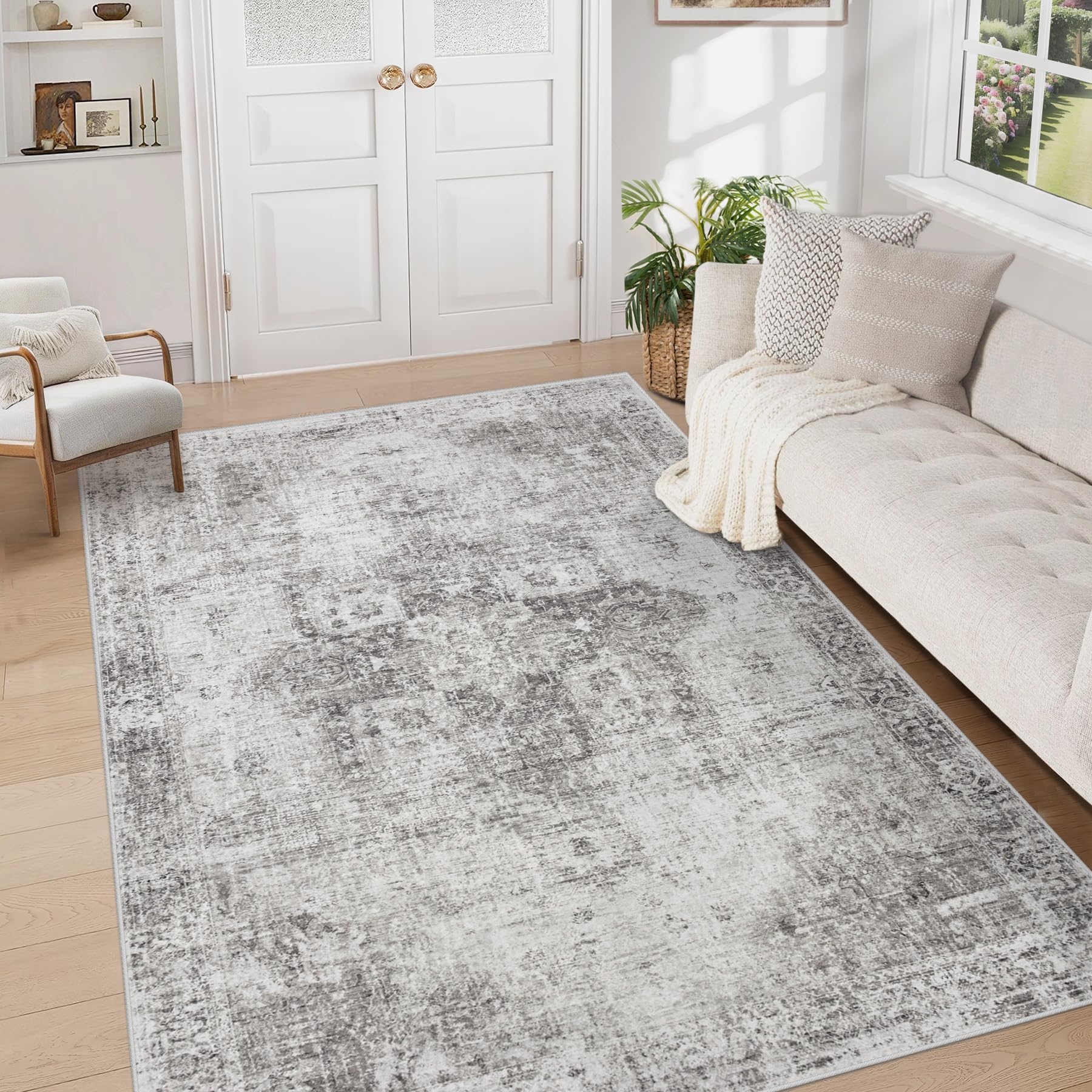 Beige 8x10ft Washable Boho Rug, Non-Slip Low Pile Carpet for Home & Office
