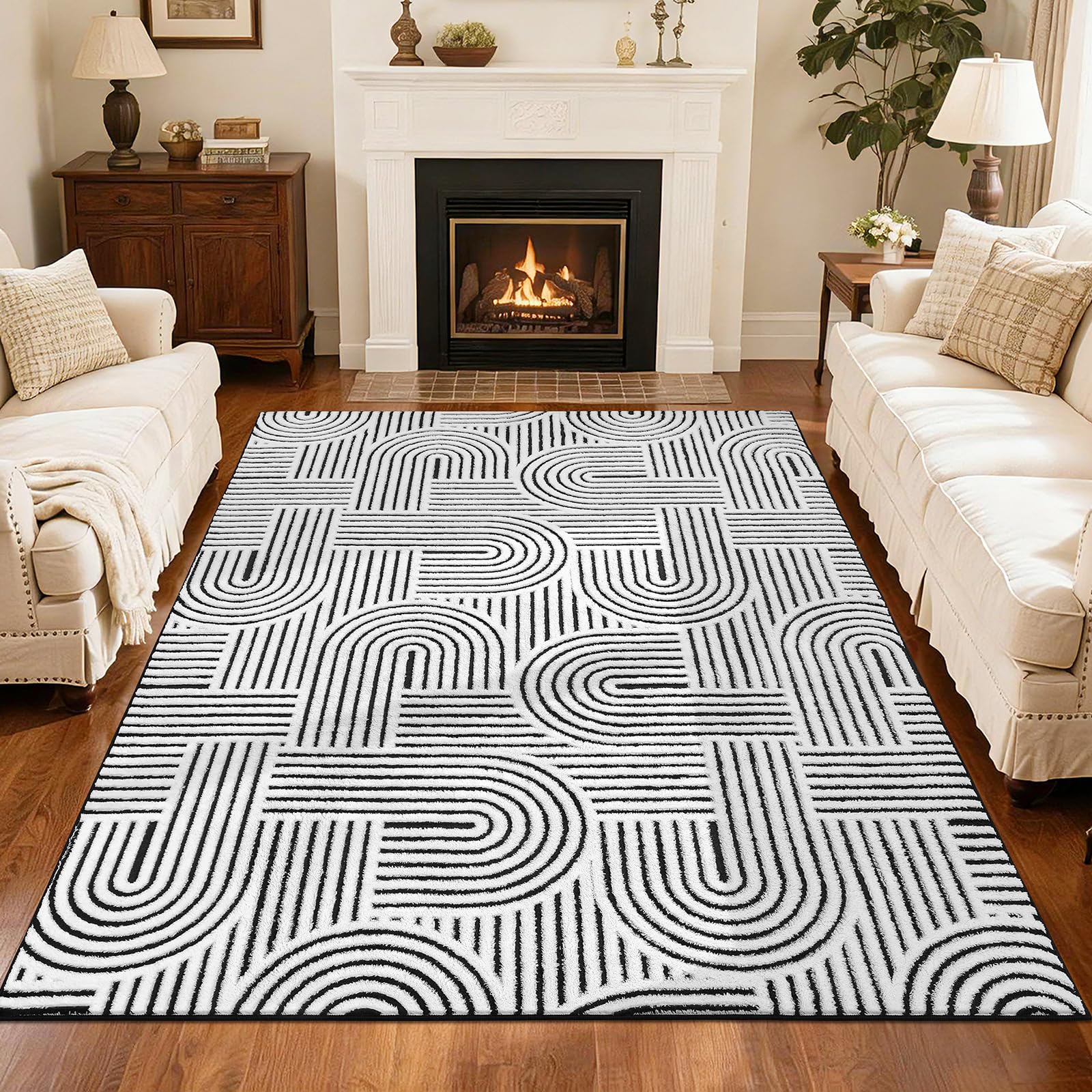 SHACOS Soft Cozy Fluffy Arch Pattern High-Low Pile Textured Area Rug 5'3"x7'3" Non Slip Washable Modern Geometric Rug Stain Resistant Contemporary Carpet for Living Room Bedroom Dining Room, Beige
