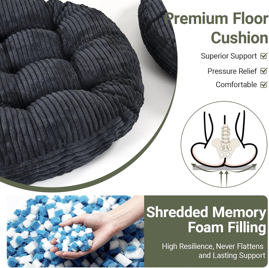 Large Floor Pillow for Adults, 22x22" Memory Foam Floor Cushion with Corduroy Cover, Round Floor Sitting Cushions for Meditation, Lounge,Seating for Yoga, Tatami Living Room (2, Round-Black)