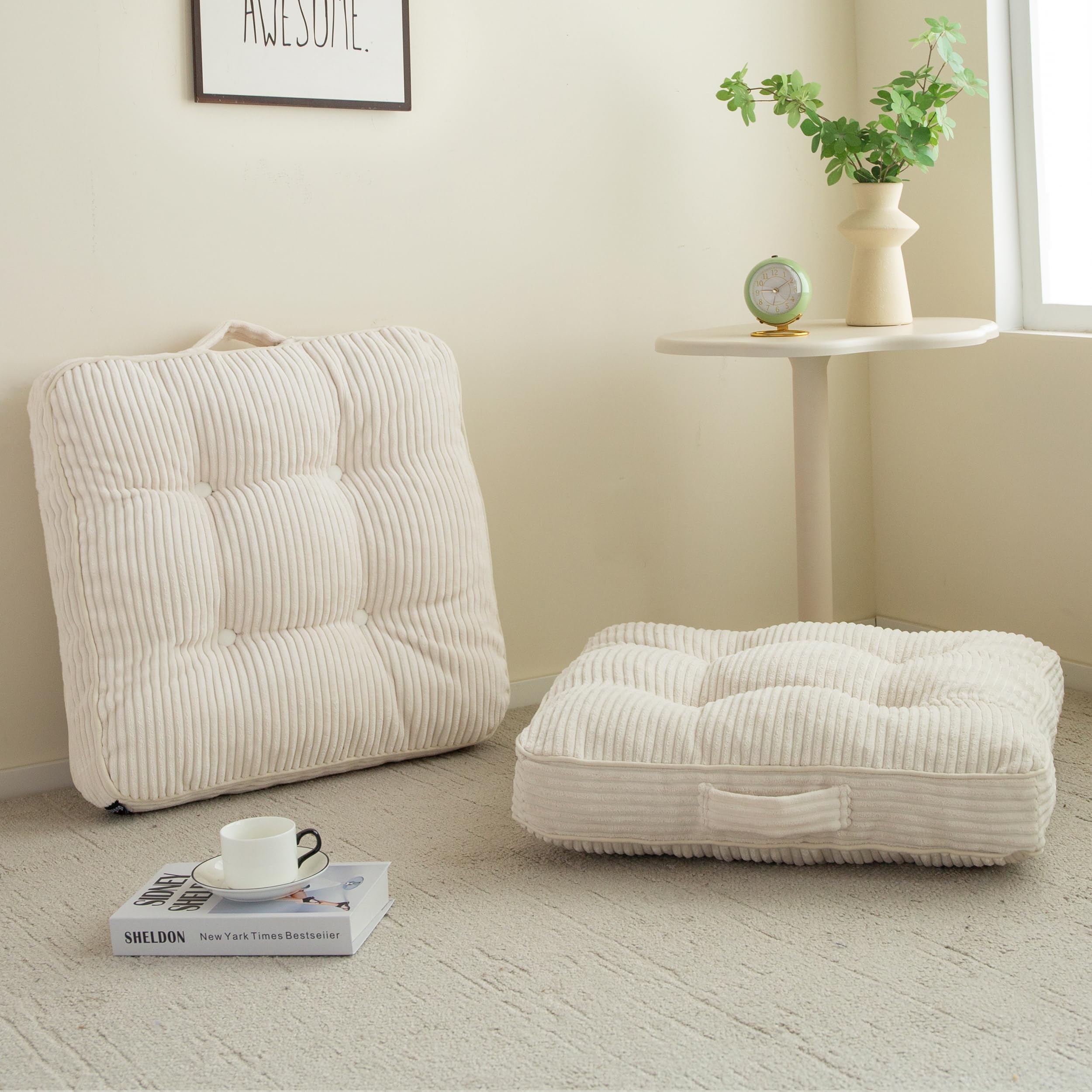 HIGOGOGO Floor Pillow Cushion for Adults, Meditation Cushion Pillow, Large Round Floor Sitting, Tufted Corduroy Cover, for Tatami Living Room or Yoga, 22x22 Inch, Beige