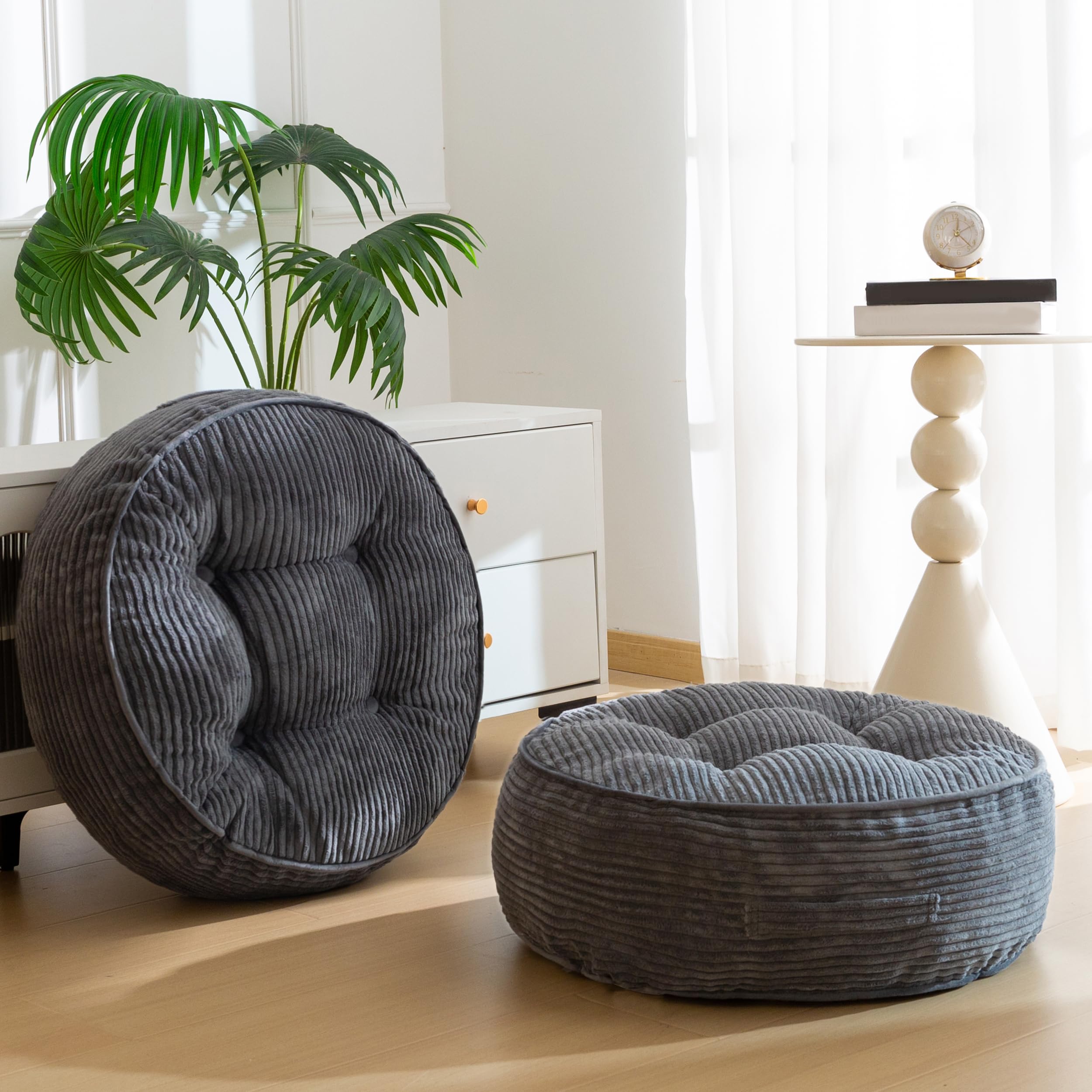 HIGOGOGO Floor Pillow Cushion for Adults, Meditation Cushion Pillow, Large Round Floor Sitting, Tufted Corduroy Cover, for Tatami Living Room or Yoga, 22x22 Inch, Beige