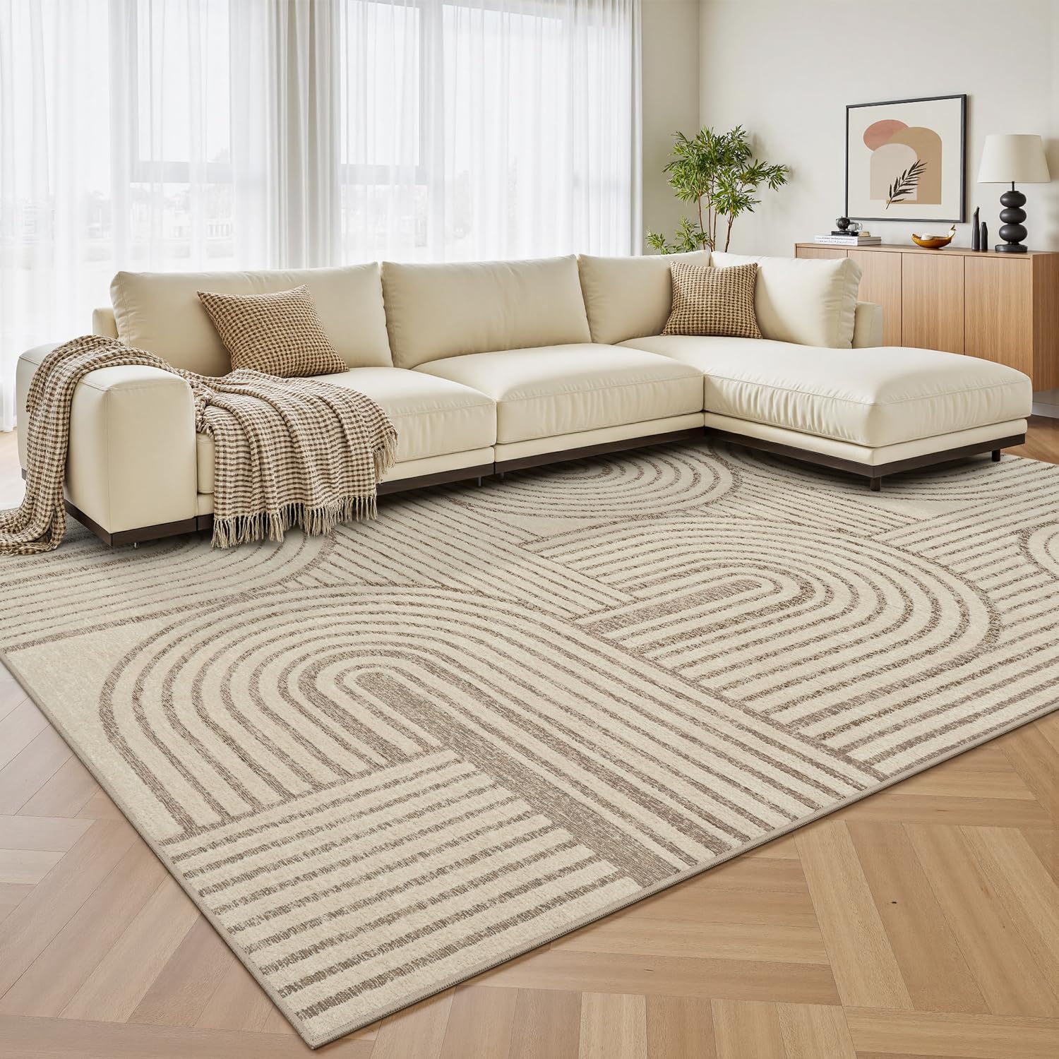 Beige Neutral 5x7 Area Rugs Textured Tufted Rugs for Living Room Bedroom Rug-Carpet Cream Ivory Washable Geometric Moroccan Modern Rug