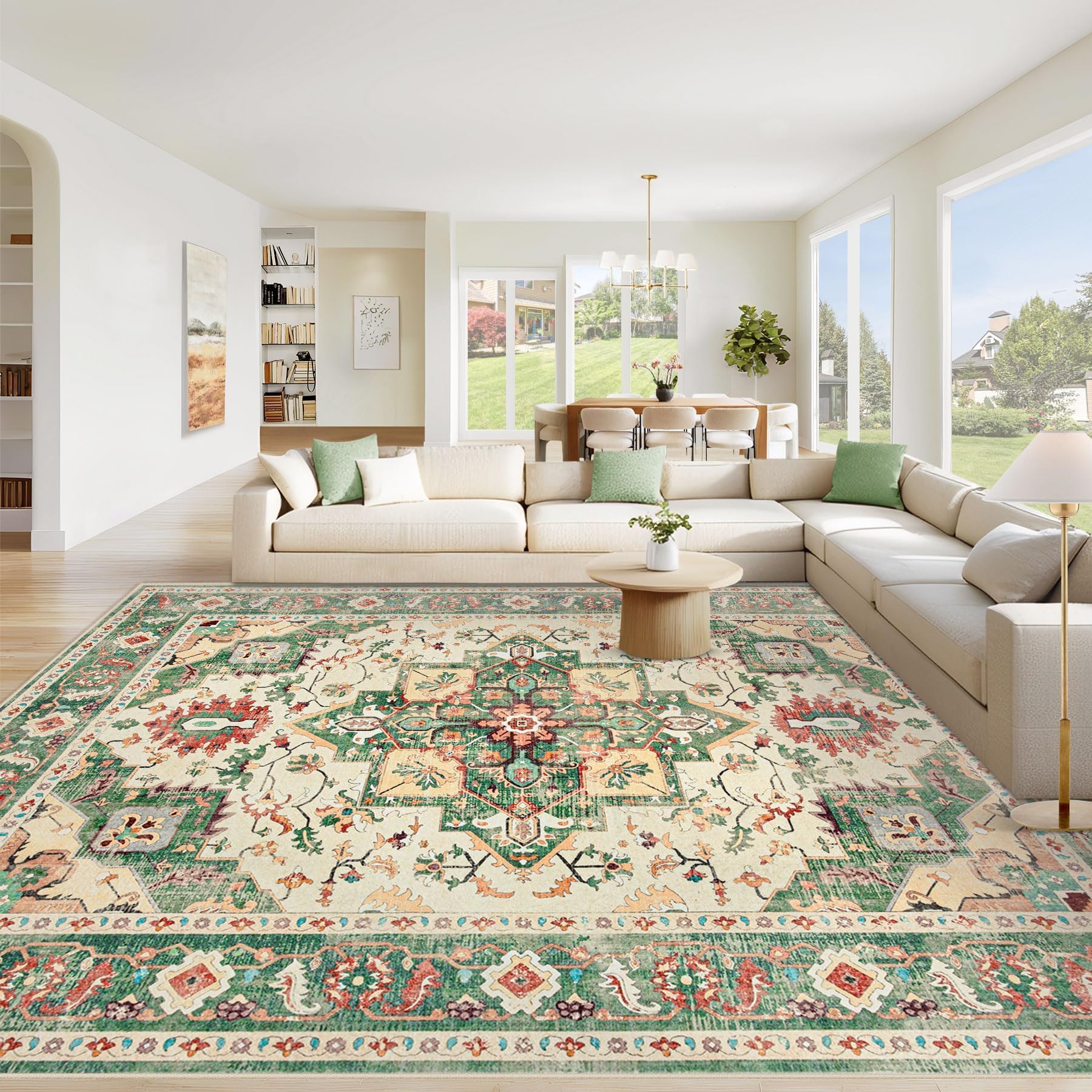 Beige 8x10ft Washable Boho Rug, Non-Slip Low Pile Carpet for Home & Office