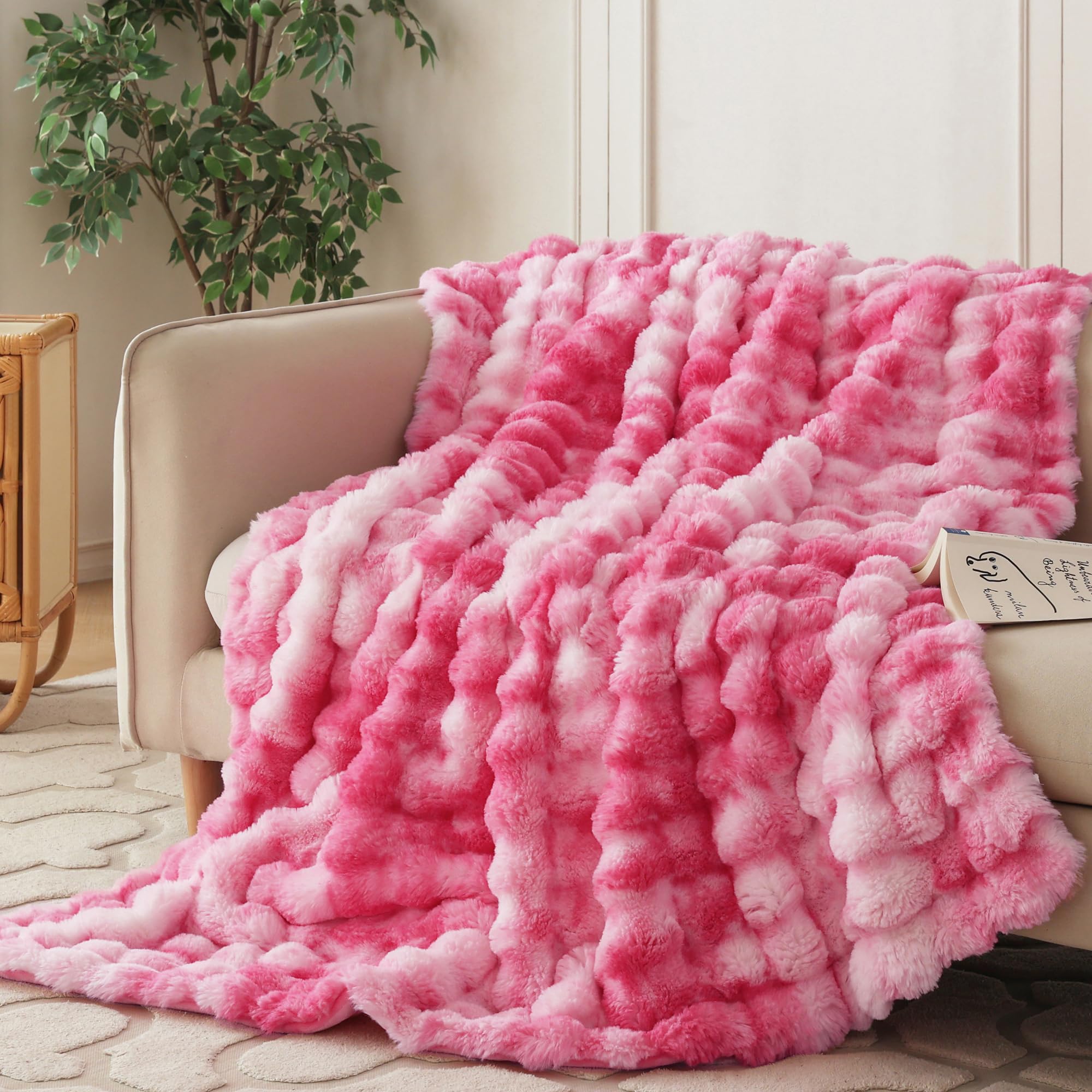 COOVA Faux Fur Throw Blanket for Couch, Cozy Soft and Fuzzy Plush Rabbit Fur Bubble Blanket for Sofa Bedroom Living Room, 60x80 Inches Tie Dye Brown