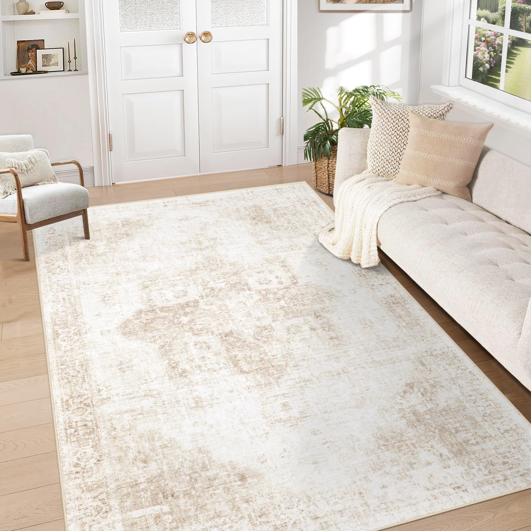 Beige 8x10ft Washable Boho Rug, Non-Slip Low Pile Carpet for Home & Office