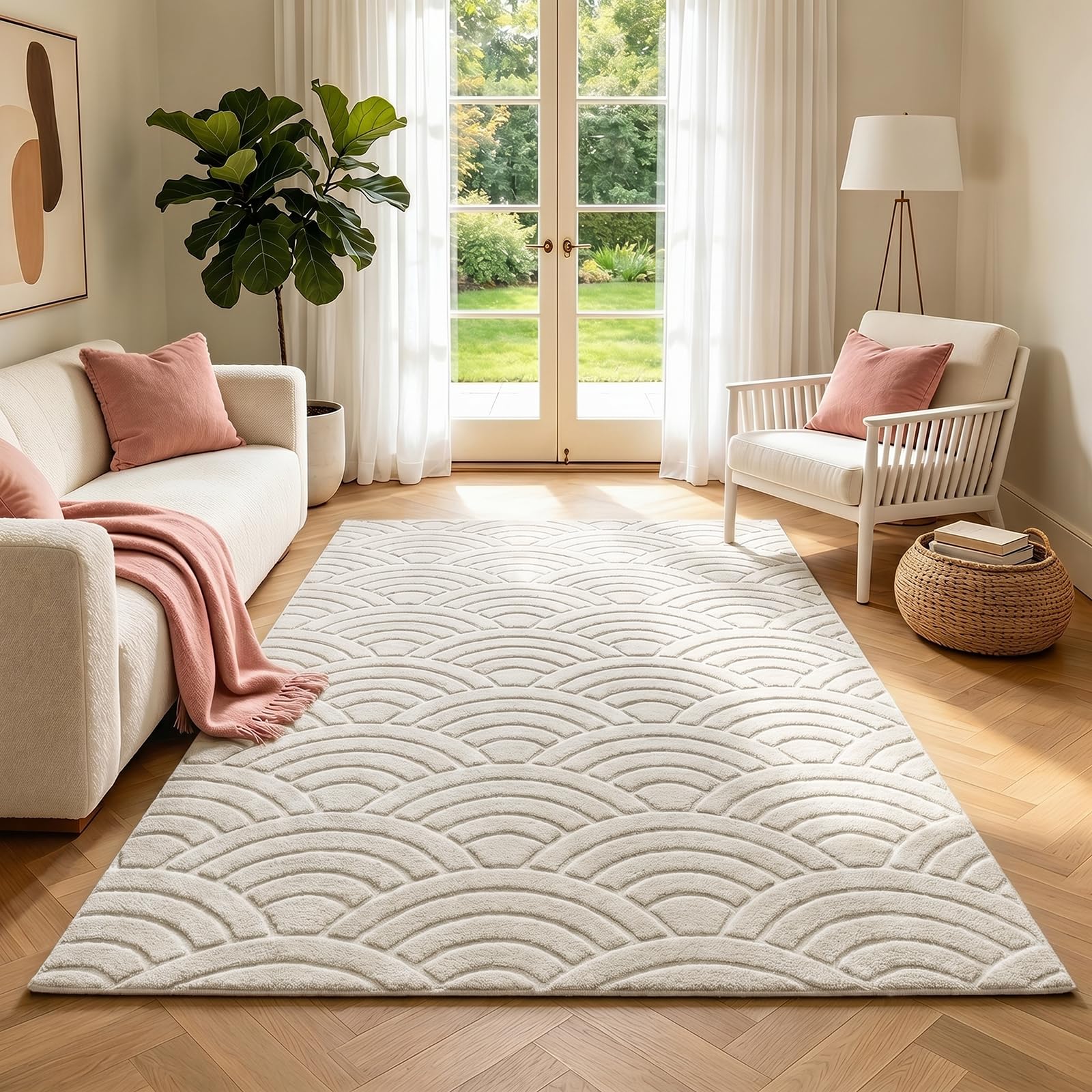 SHACOS Soft Cozy Fluffy Arch Waves Pattern High-Low Textured Area Rug 5'x7' Non Slip Washable Minimalist Modern Graphic Rainbow Carpet for Living Room Bedroom Bathroom Dining Room, Cream