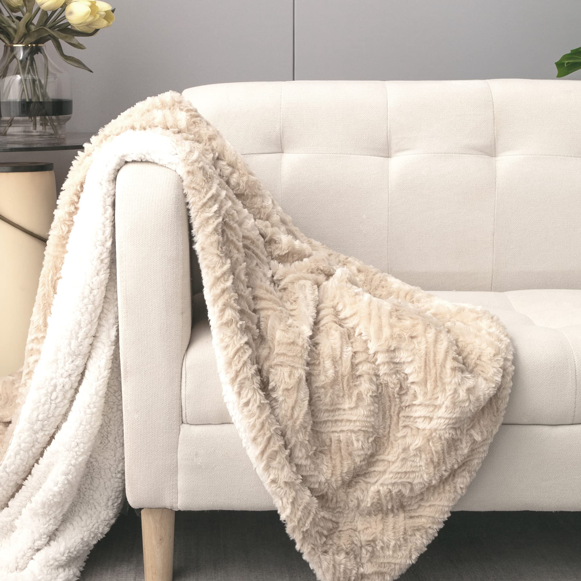 DaDa Bedding Luxury White Faux Fur Throw Blanket - Dreamy Milky Way Cloud Purple Undertone Embossed Sherpa Backside - Super Soft Warm Cozy Plush Fluffy - 50" x 60"