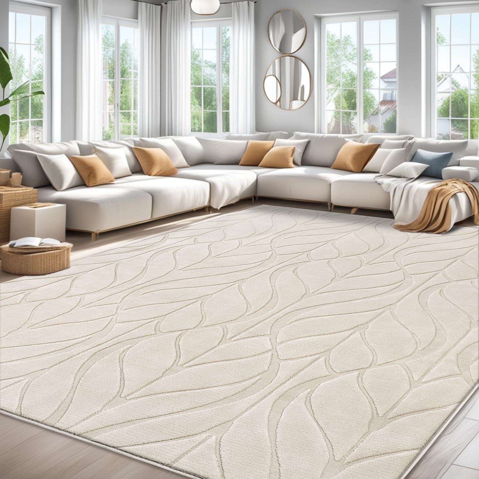 SHACOS Soft Area Rug for Living Room 8x10, Washable Non Slip Bedroom Rug Beige, Fluffy Large Rugs Carpet for Floor Living Room Kids Nursery Room, Home Decor Aesthetic - Leaf Pattern Design