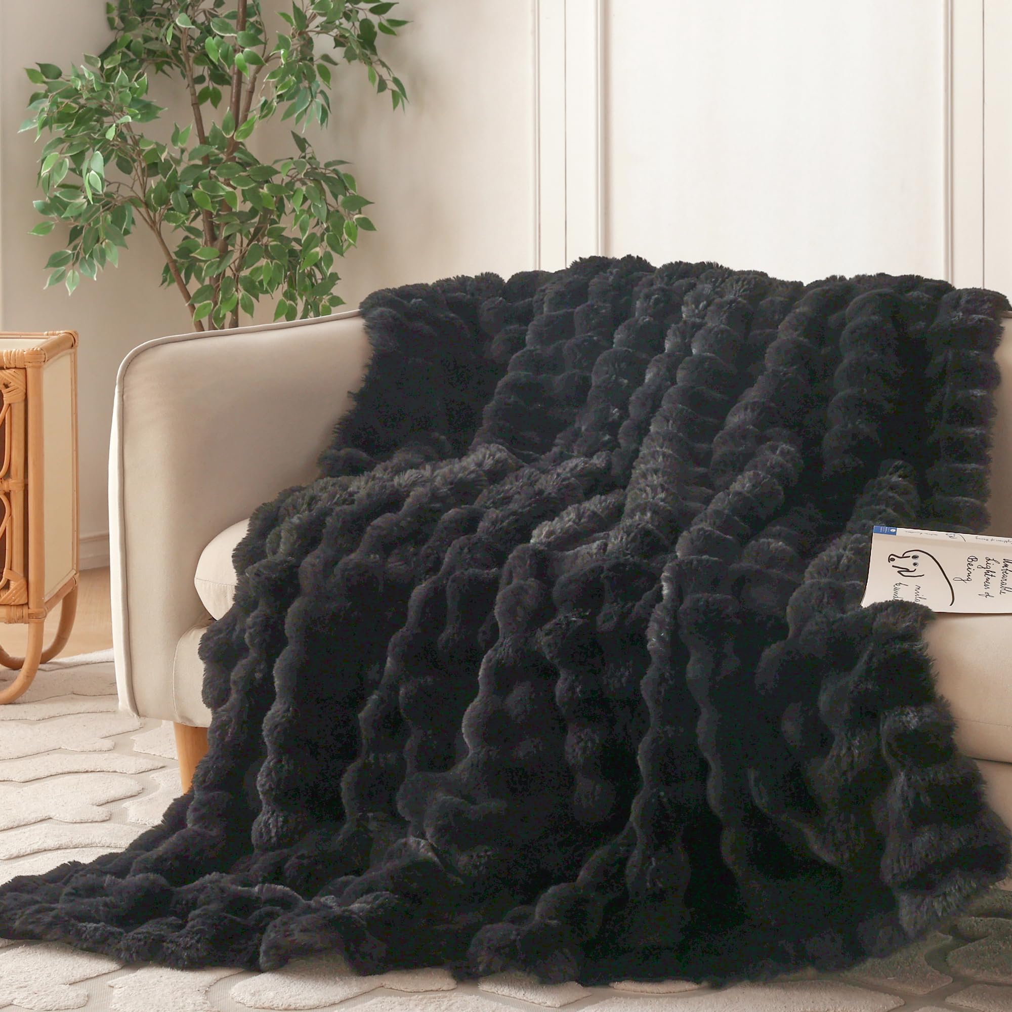 COOVA Faux Fur Throw Blanket for Couch, Cozy Soft and Fuzzy Plush Rabbit Fur Bubble Blanket for Sofa Bedroom Living Room, 60x80 Inches Tie Dye Brown