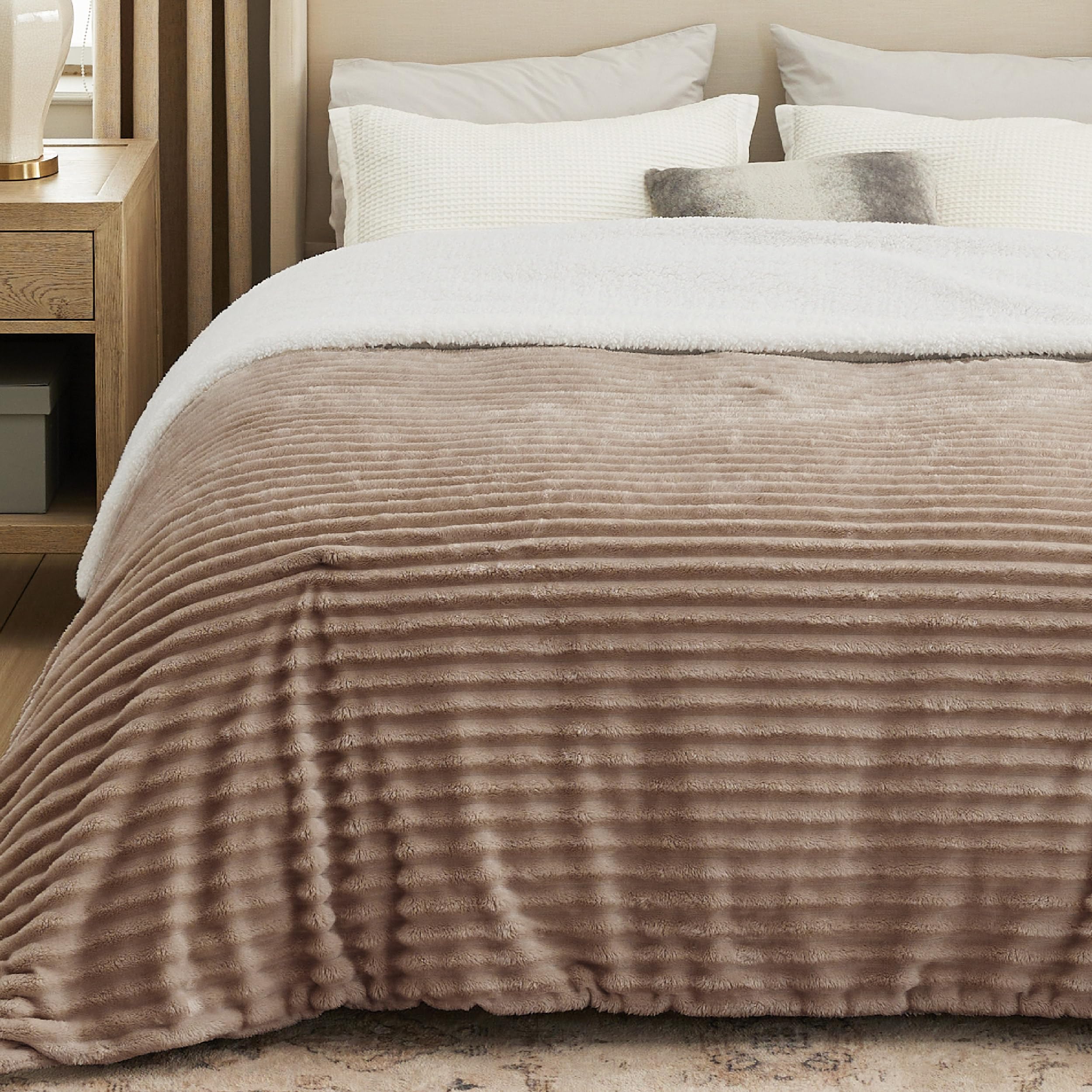 Beige Sherpa Fleece Blanket 50×60", Warm Fluffy Throw for Home Decor & Gift
