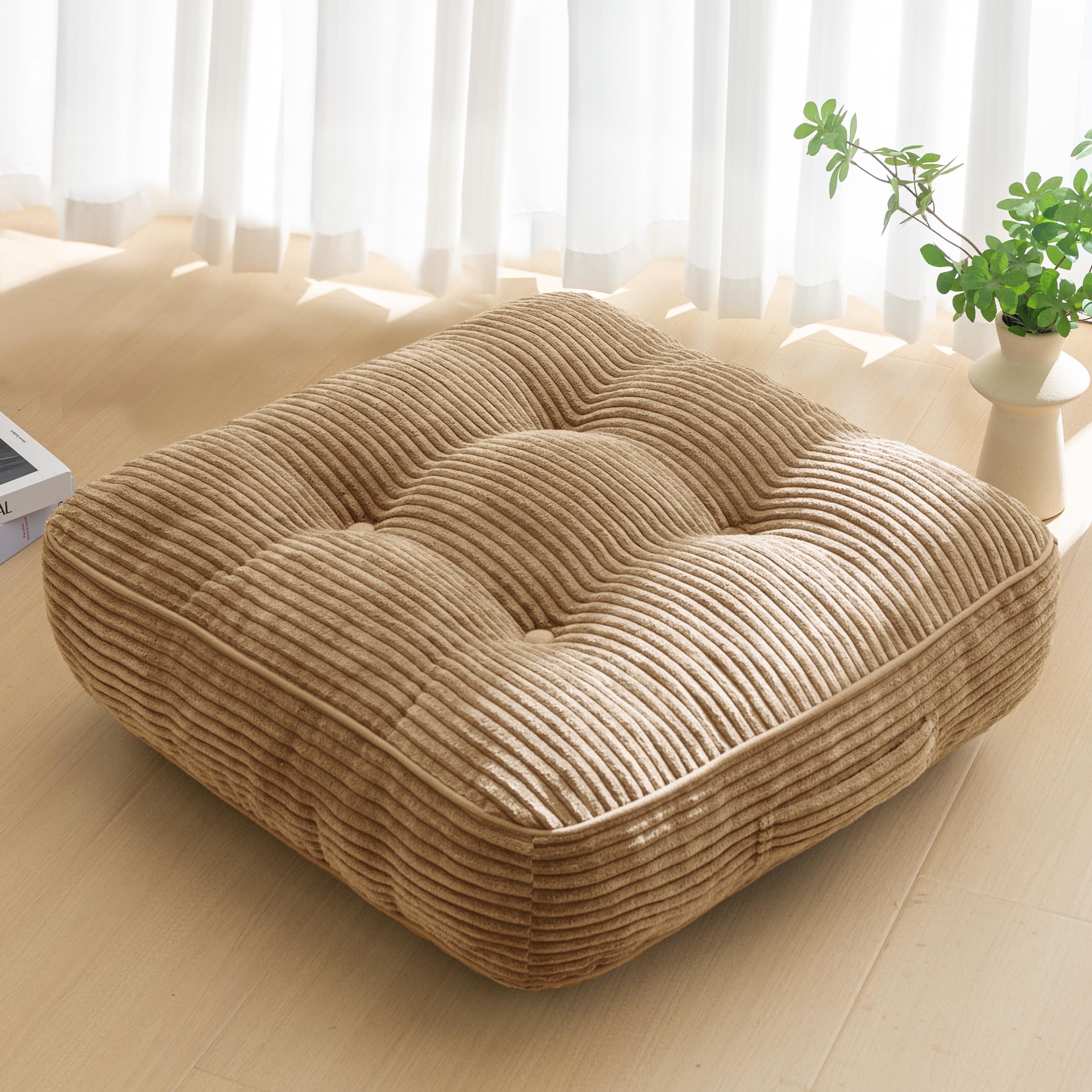 HIGOGOGO Floor Pillow Cushion for Adults, Meditation Cushion Pillow, Large Round Floor Sitting, Tufted Corduroy Cover, for Tatami Living Room or Yoga, 22x22 Inch, Beige