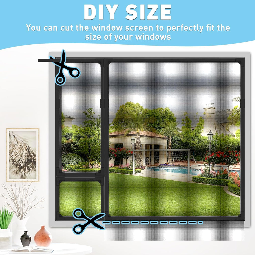 Magnetic Window Screen 40x59in, Residue-Free Adhesive with Long-Lasting Hold, Black Frame Black Fiberglass Mesh, Removable DIY Adjustable Screen for Window Frames
