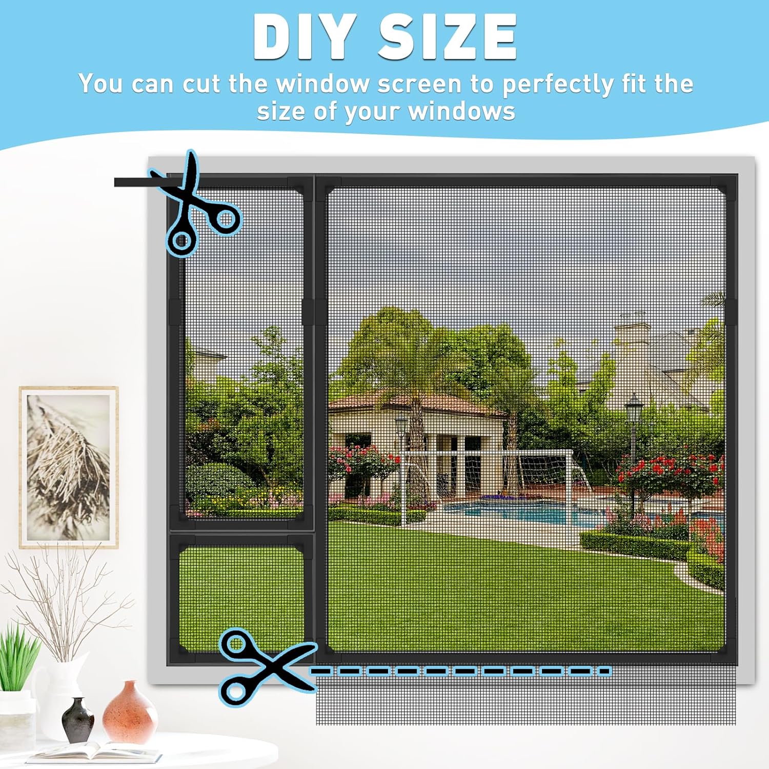 Magnetic Window Screen 40x59in, Residue-Free Adhesive with Long-Lasting Hold, Black Frame Black Fiberglass Mesh, Removable DIY Adjustable Screen for Window Frames