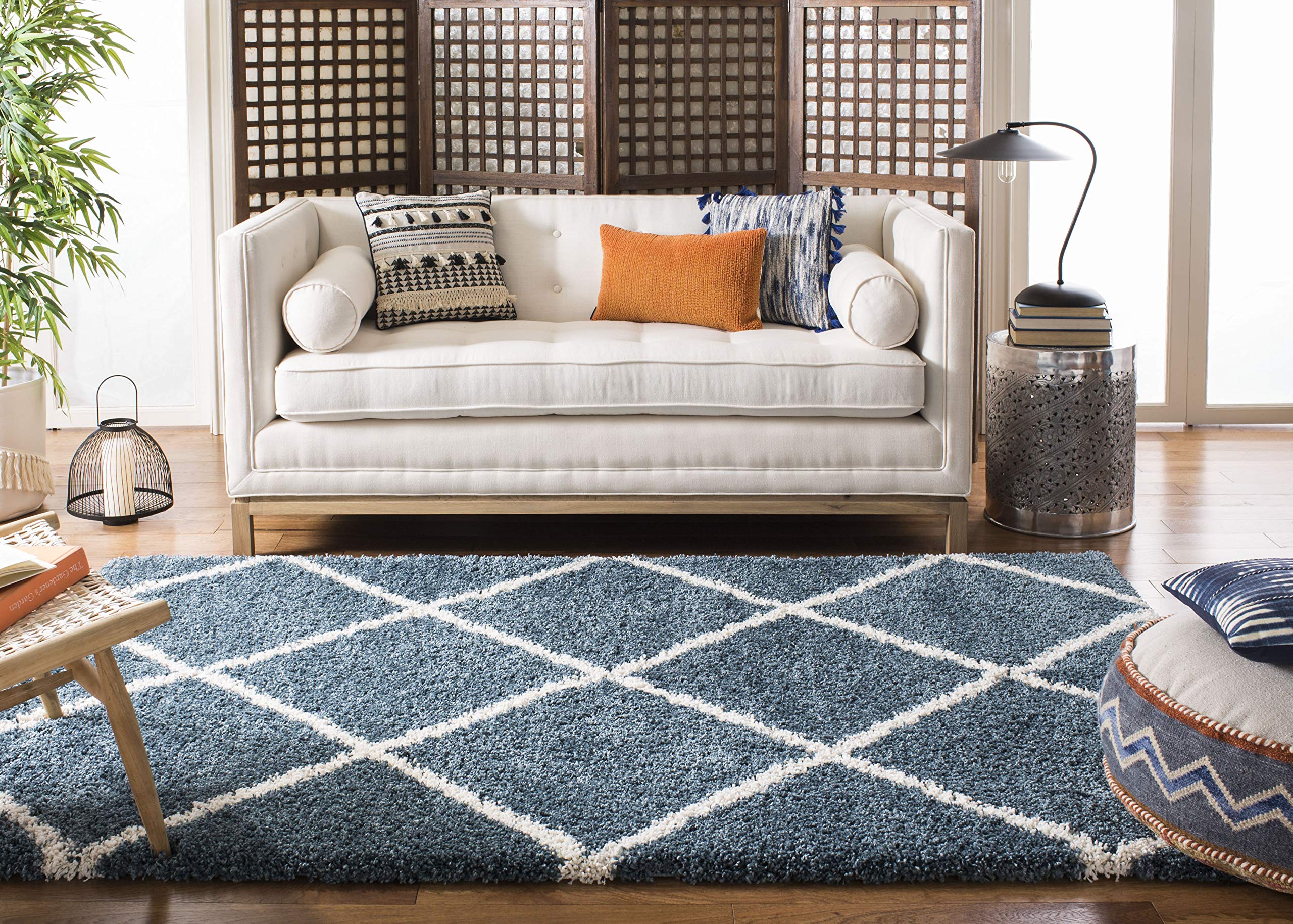 SAFAVIEH Hudson Shag Collection Area Rug - 5'3" x 7'6", Beige & Ivory, Modern Trellis Design, Non-Shedding & Easy Care, 2-inch Thick Ideal for High Traffic Areas in Living Room, Bedroom (SGH281S)